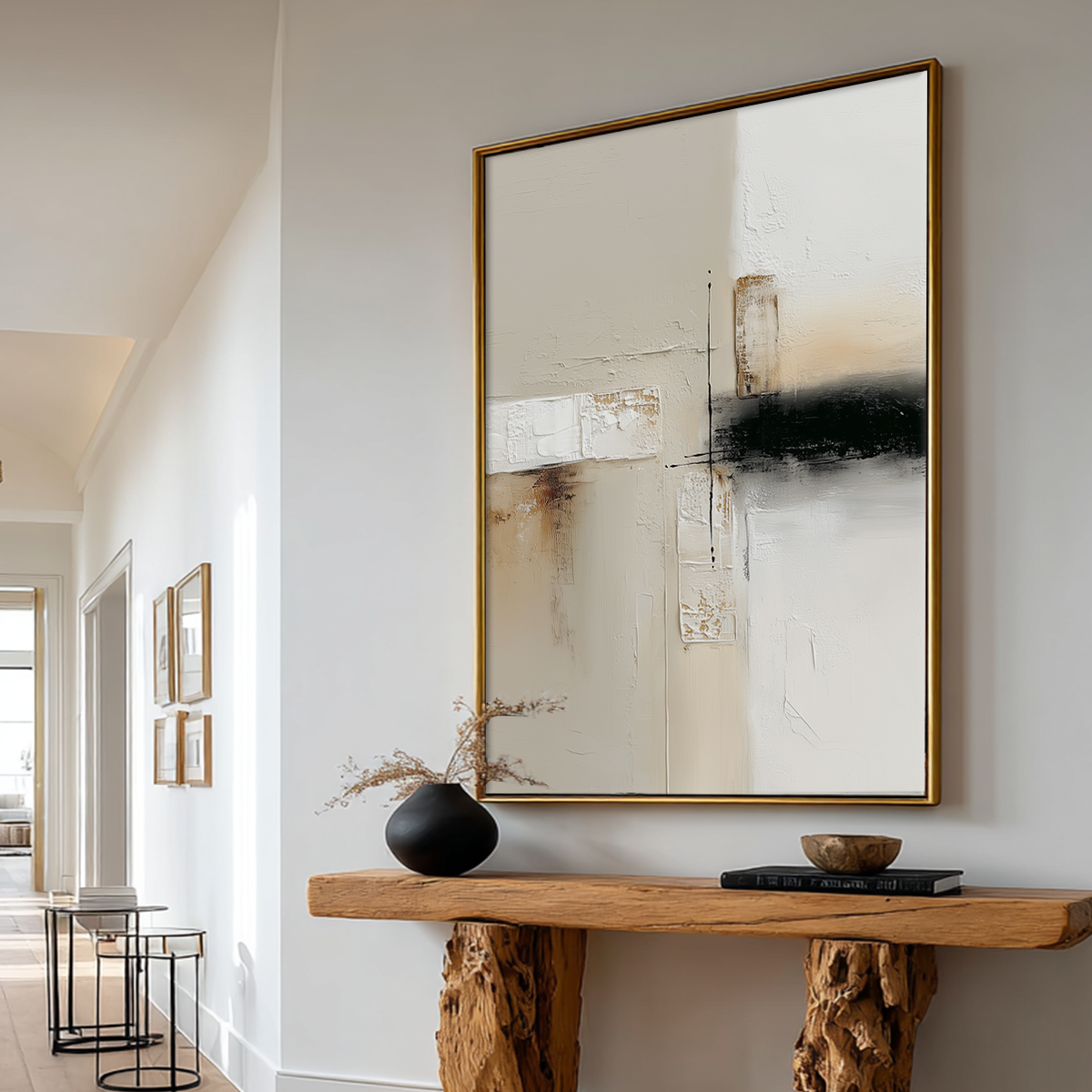 Neutral Abstract Wall Art with Gold Accents | Modern Japandi Textured Canvas | Luxury Minimalist Decor displayed in a bright hallway above a rustic wooden console table.