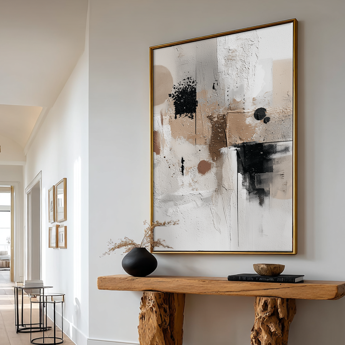 Neutral Textured Abstract Wall Art | Japandi Minimalist Canvas featuring soft beige, black, and white tones with textured layers displayed in a modern hallway setting.