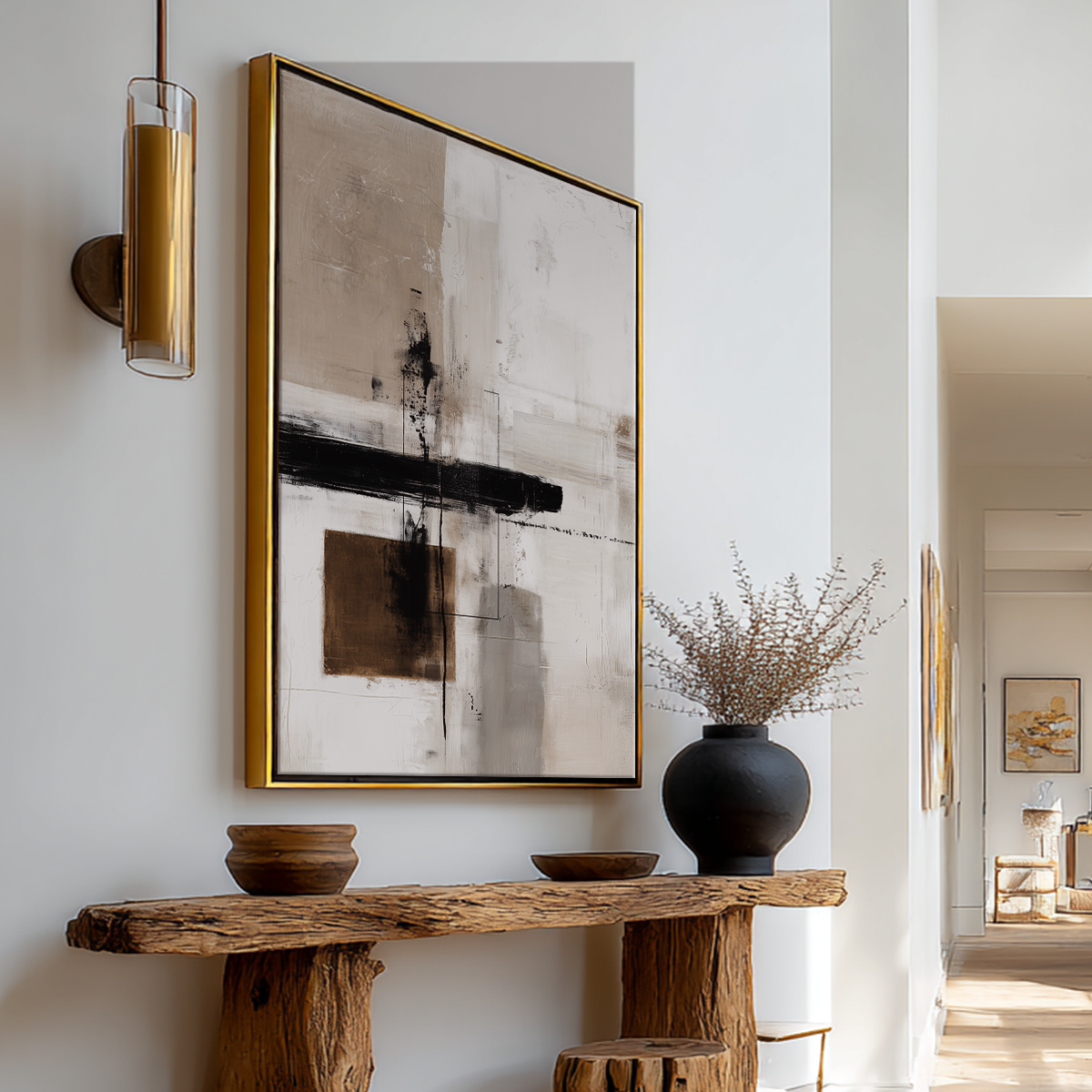 Urban Echo | Minimalist Abstract Art Print | Beige, Black & Brown Geometric Brushstroke | Giclee, Canvas & Poster Print | Matte | Framed or Unframed displayed on a white wall above a rustic wooden console with modern decor accents in a bright living space.