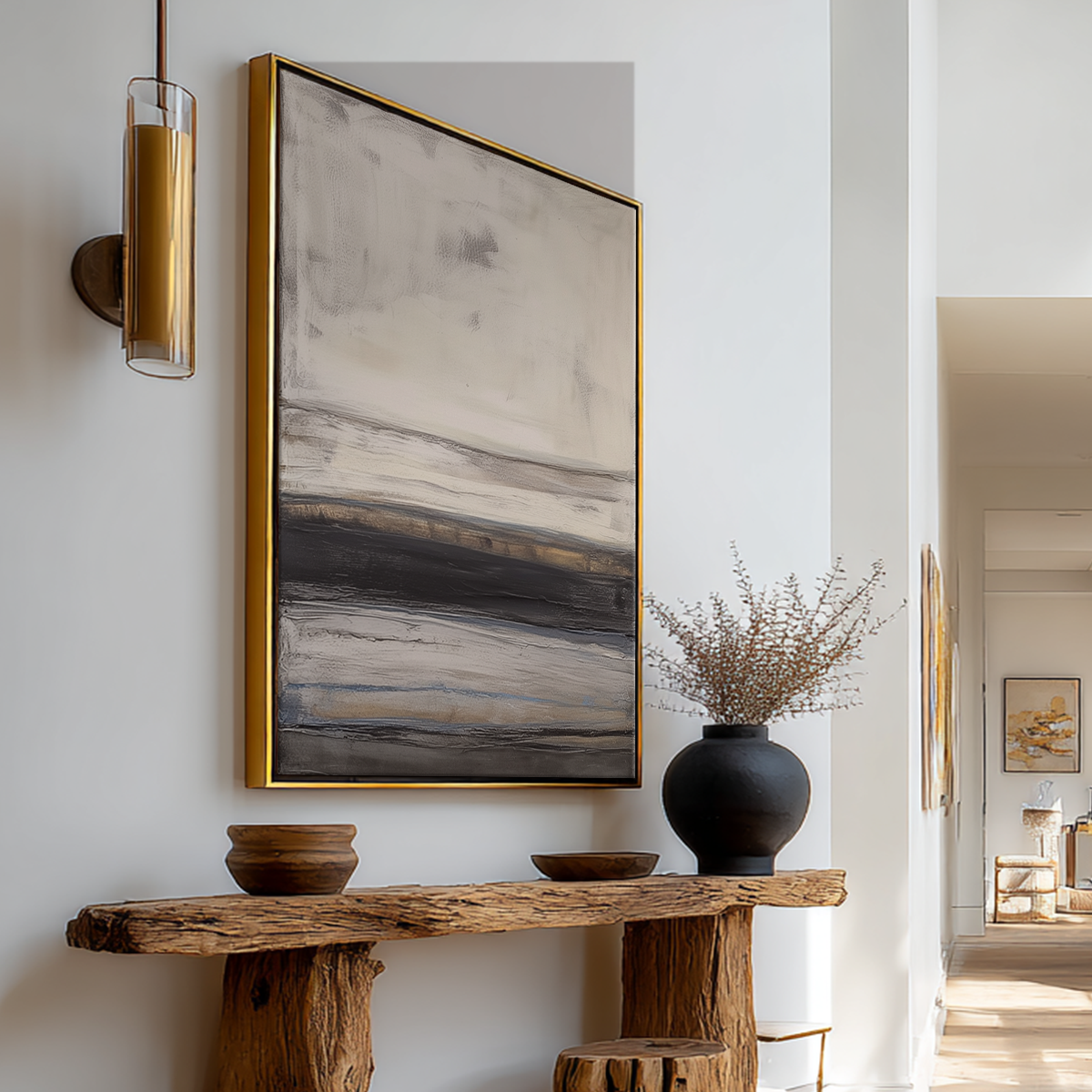 Abstract Horizon Wall Art | Neutral Grey & Gold Canvas