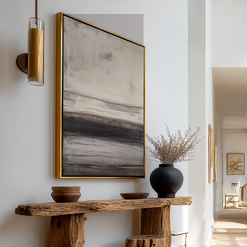 Abstract Horizon Wall Art | Neutral Grey & Gold Canvas