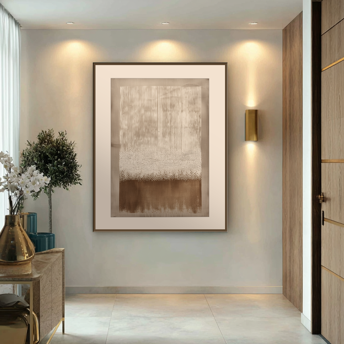 A large framed abstract art print with beige, cream, and brown brushstrokes hangs on a light gray wall in a modern hallway with warm lighting, a sideboard, and a wooden door.