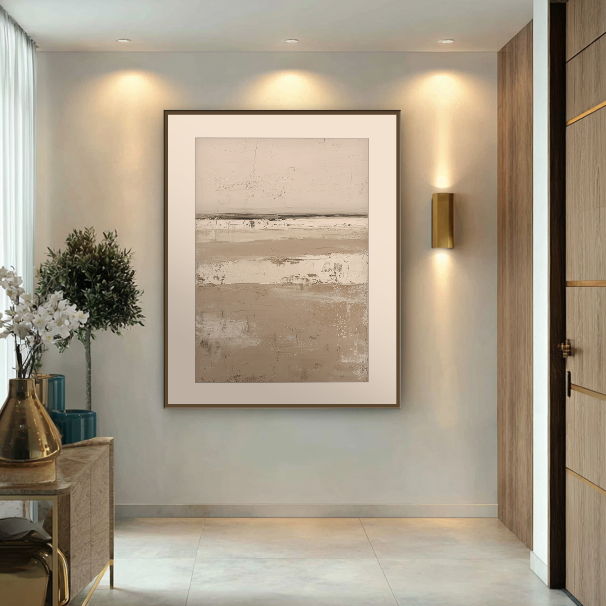 Serene Horizon neutral abstract landscape wall art hanging in a bright hallway beside a window with natural light