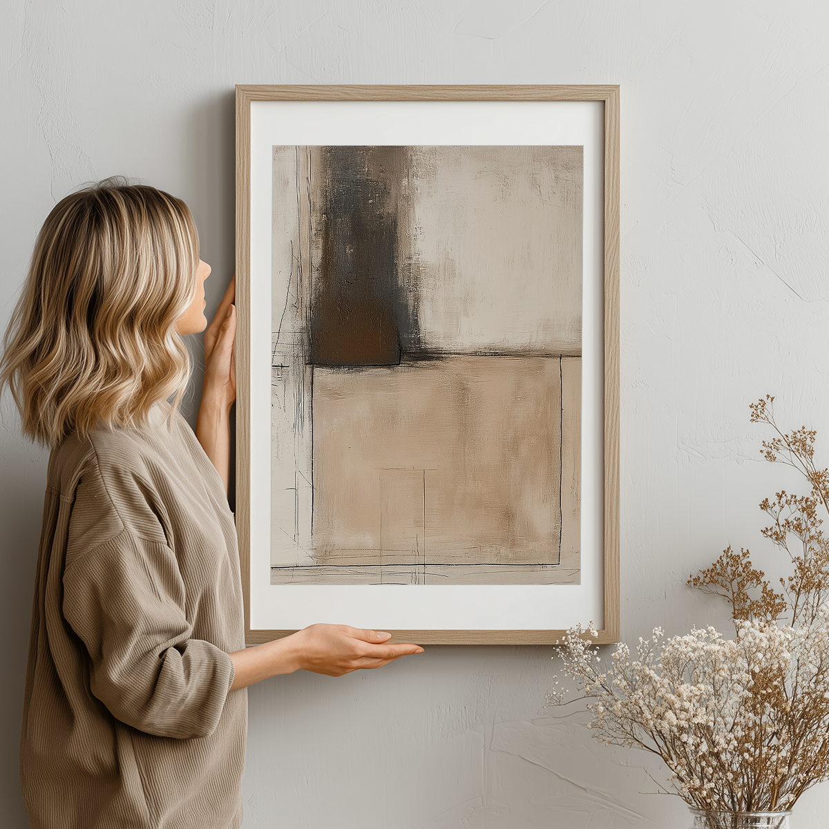 Woman holding a framed abstract art print with neutral beige, brown, and cream tones featuring geometric shapes and textured brushstrokes, titled Architectural Abstract Wall Art II | Neutral Minimalist Companion Print | Textured Modern Decor