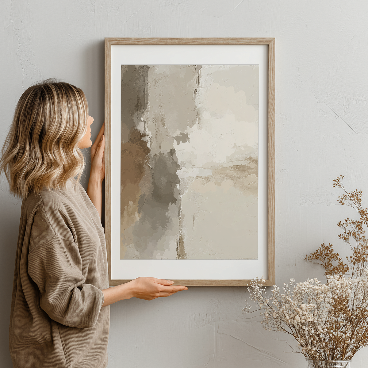 Woman holding a framed Japandi Abstract Wall Art | Neutral Textured Plaster Canvas featuring soft beige and gray tones in a minimalist modern setting with dried flowers nearby.