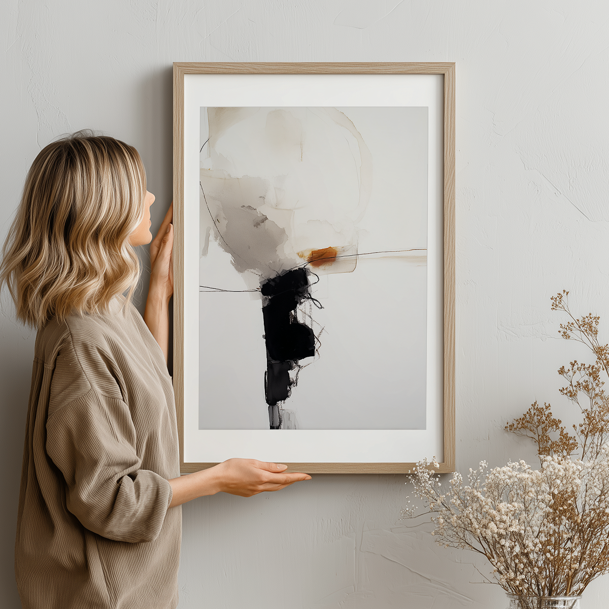 Abstract Expressionist Wall Art | Black & Neutral Minimalist Canvas