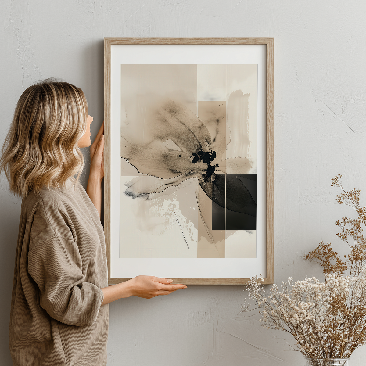 Abstract Floral Wall Art | Neutral Beige & Black Canvas