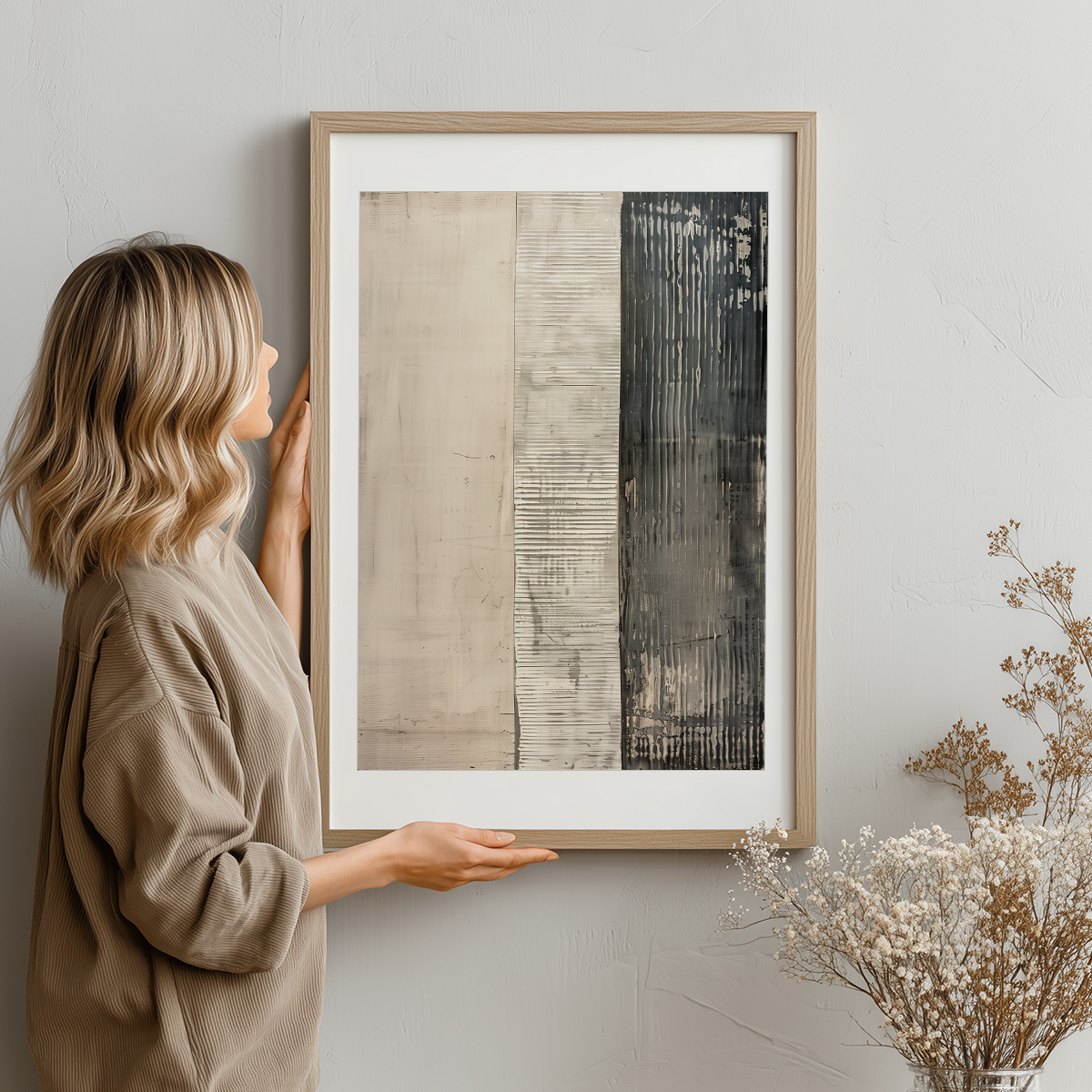 Neutral Abstract Wall Art | Minimalist Triptych Canvas featuring vertical beige and charcoal textures in a wood frame displayed in a neutral living room setting