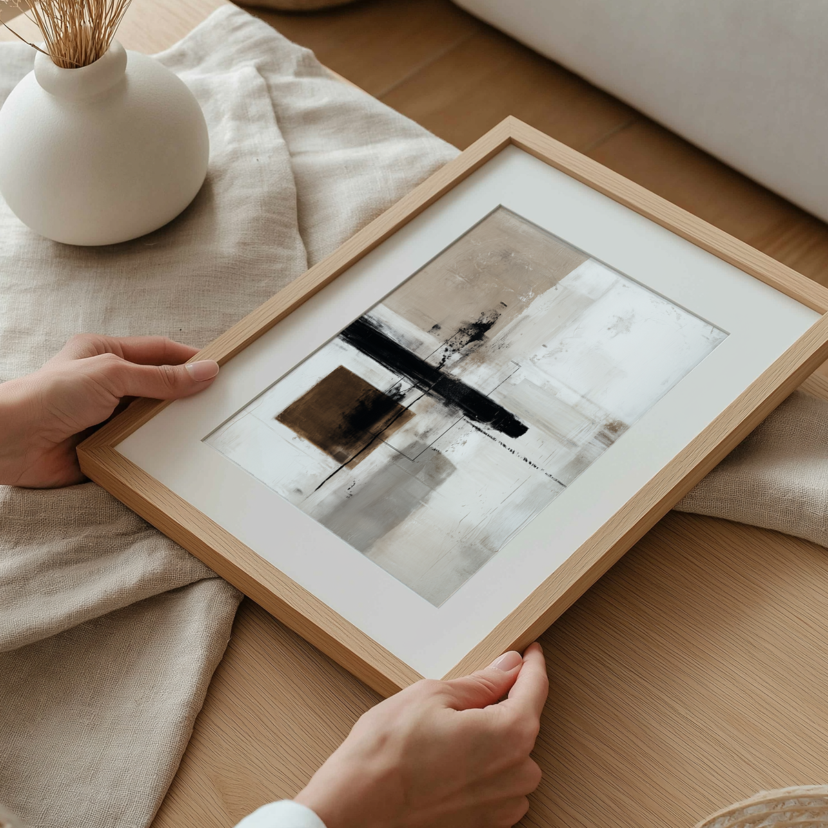 Close-up of hands holding Urban Echo | Minimalist Abstract Art Print | Beige, Black & Brown Geometric Brushstroke | Giclee, Canvas & Poster Print | Matte | Framed or Unframed in a light wooden frame on a soft fabric surface.