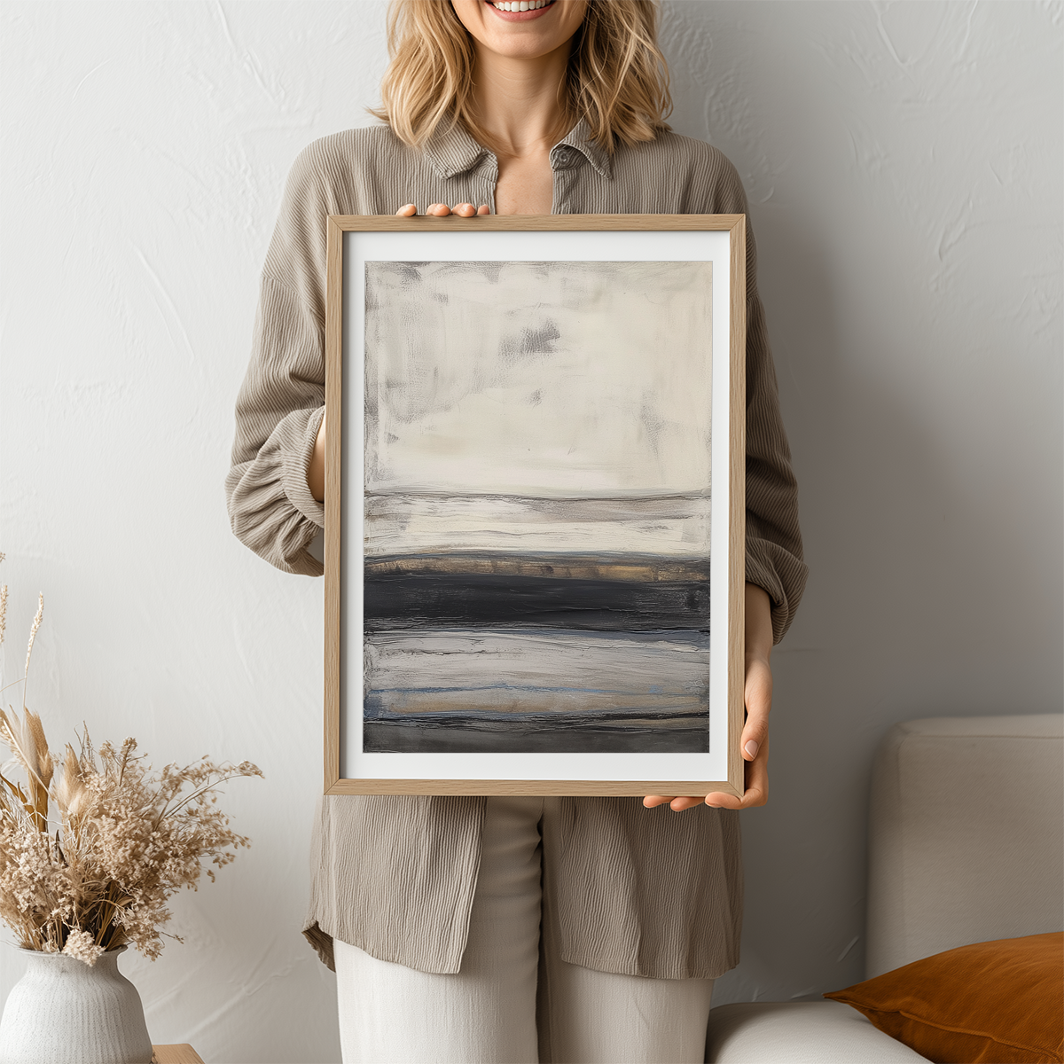 Abstract Horizon Wall Art | Neutral Grey & Gold Canvas