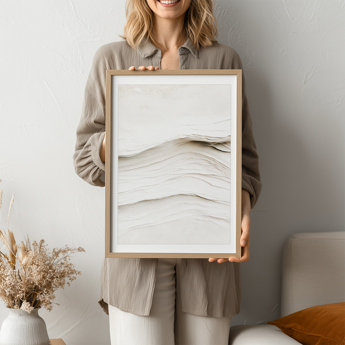 Beige Abstract Wall Art | Neutral Textured Minimalist Print held in a wood frame showing layered neutral abstract textures for a living room
