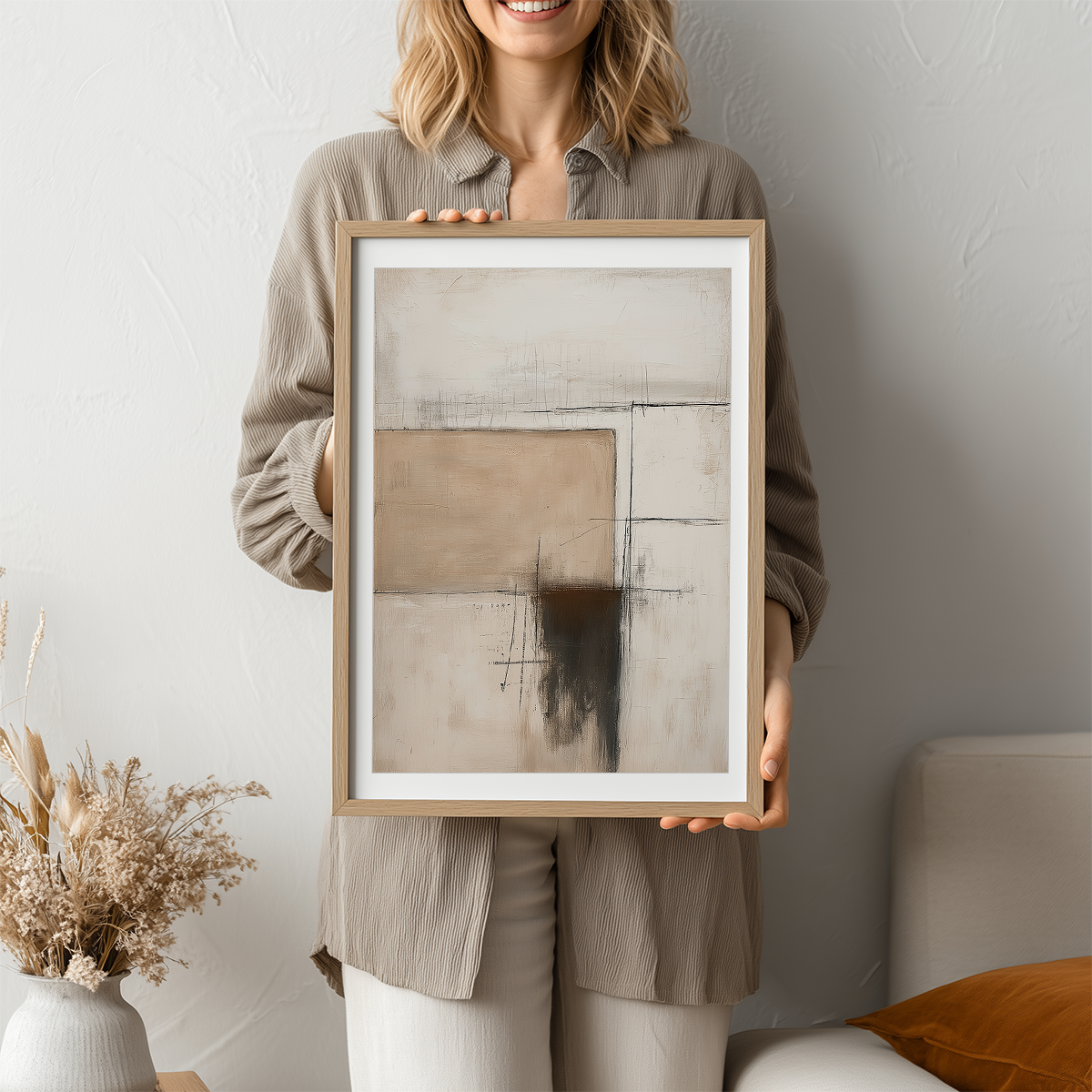 Woman holding Architectural Abstract Wall Art | Neutral Textured Minimalist Canvas | Wabi-Sabi Modern Decor featuring neutral tones and soft textured abstract shapes in a modern living space.