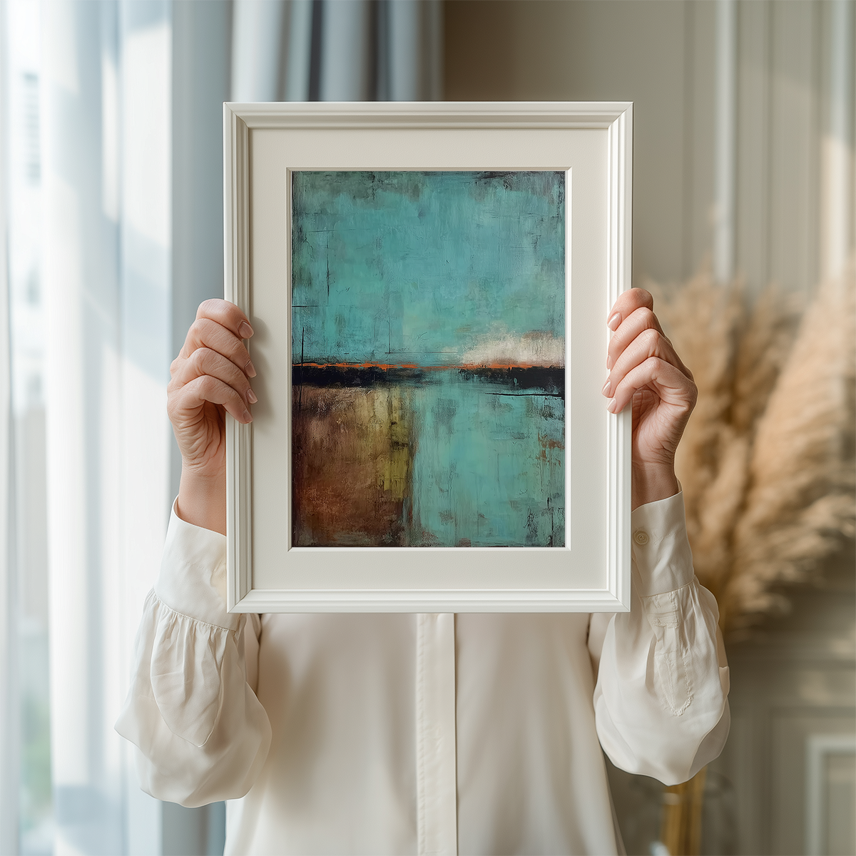 Person holding framed abstract art with blue and brown tones in soft light, showcasing Abstract Landscape Wall Art | Modern Textured Canvas Print | Contemporary Neutral Decor.