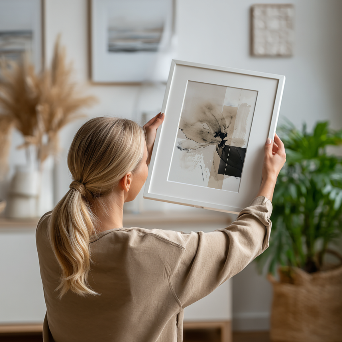 Abstract Floral Wall Art | Neutral Beige & Black Canvas