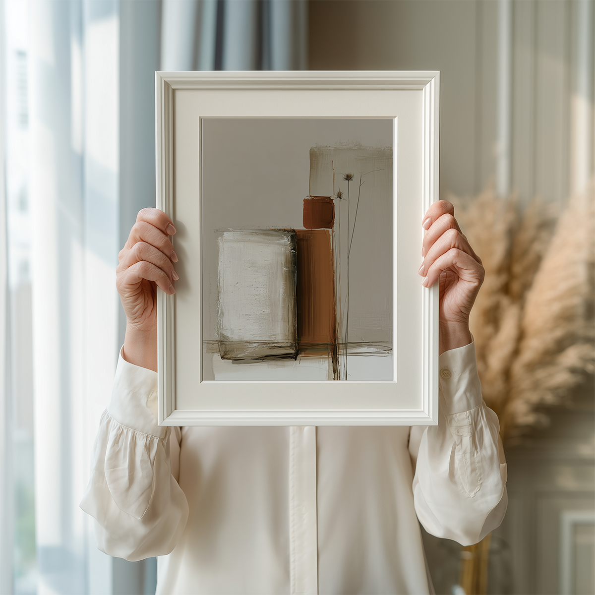 A person in a cream blouse holds up a white square picture frame displaying an abstract painting with brown, beige, and gray tones, set against a softly lit interior background.