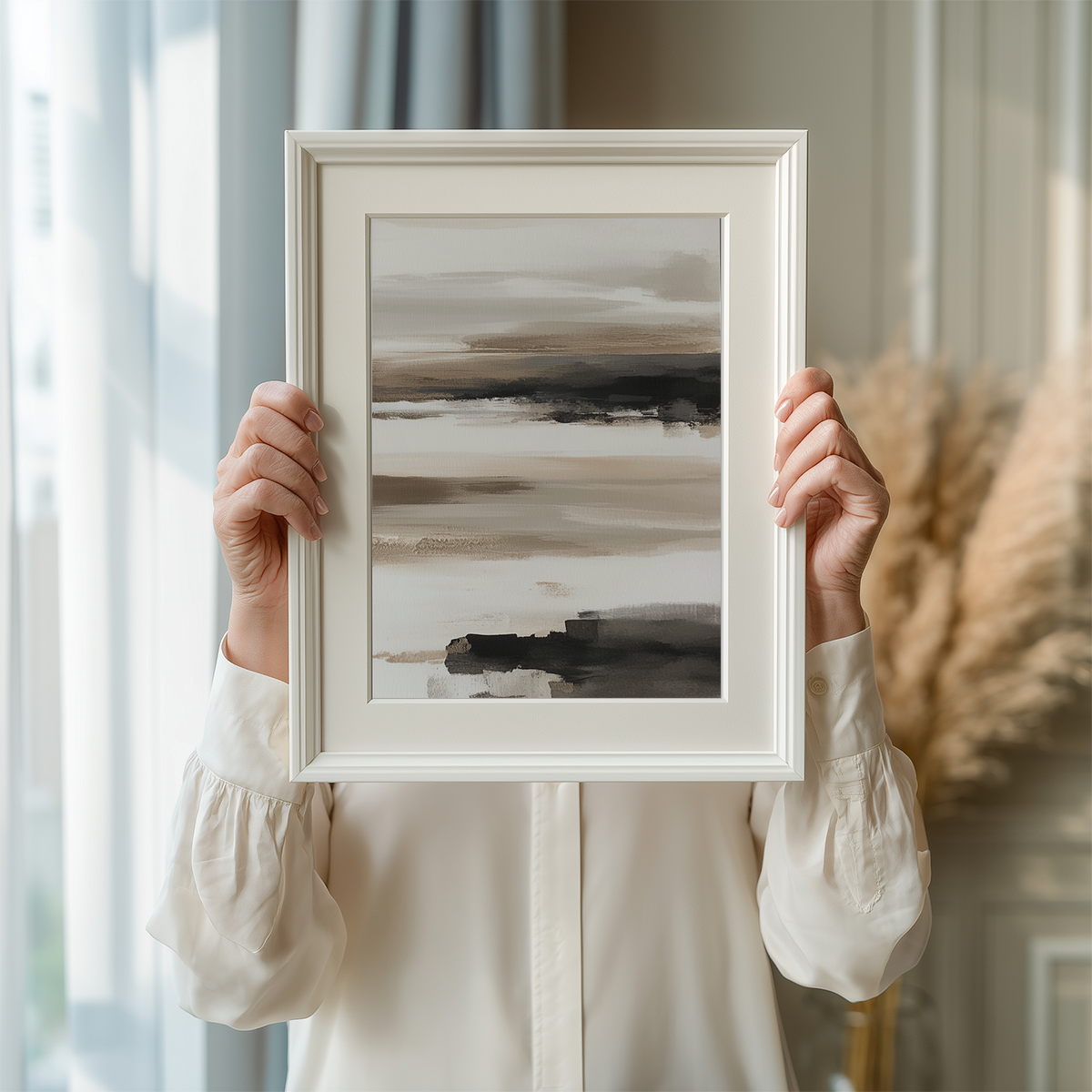 Person holding Abstract Horizon Wall Art | Neutral Watercolor Landscape featuring soft, neutral tones in an abstract minimalist watercolor style, perfect as modern wall art.