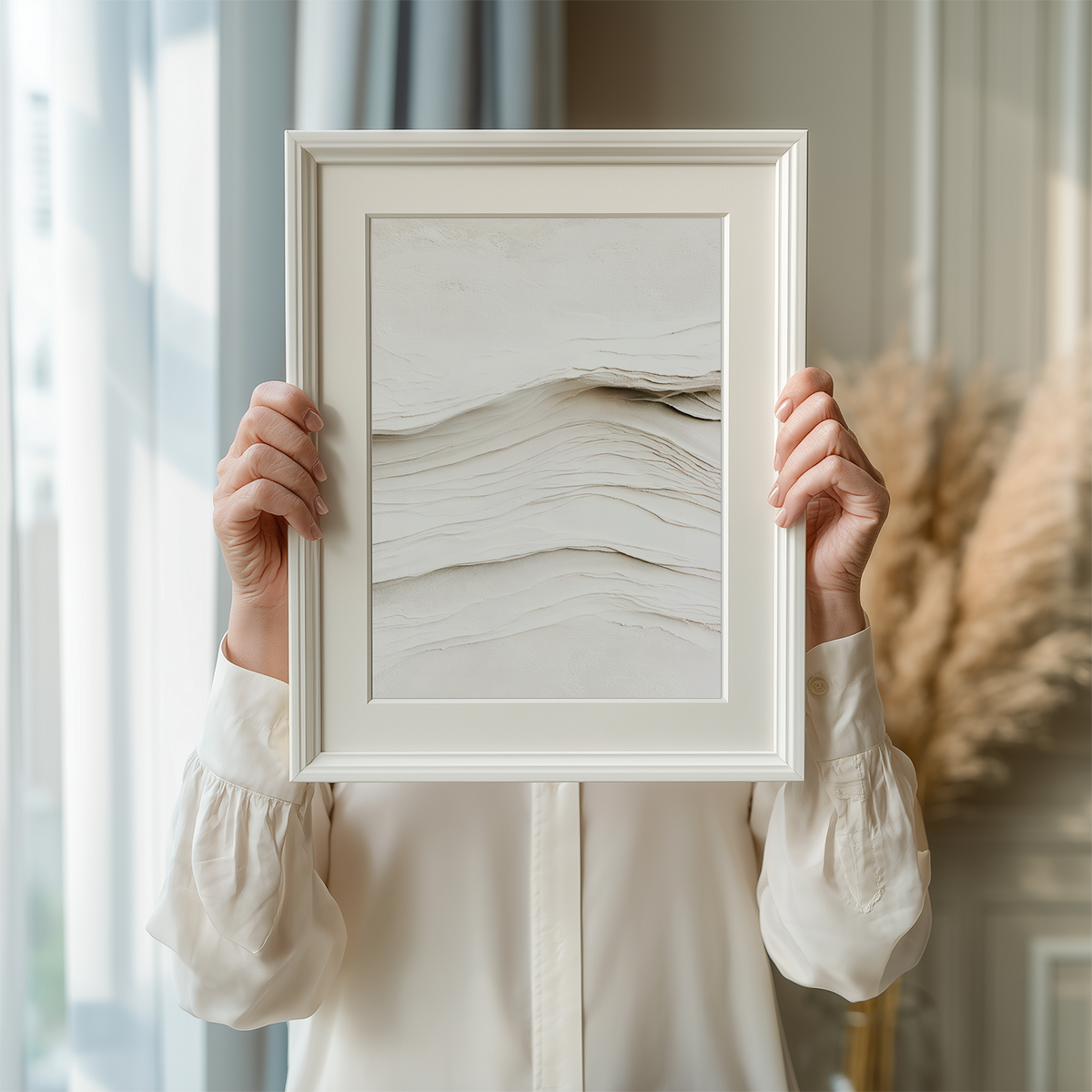 Beige Abstract Wall Art | Neutral Textured Minimalist Print showing layered flowing lines in soft beige and ivory tones held in a white frame for a calm modern interior.