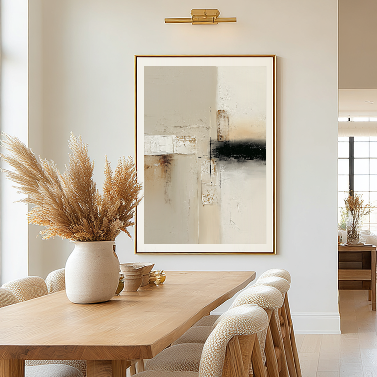Neutral Abstract Wall Art with Gold Accents | Modern Japandi Textured Canvas | Luxury Minimalist Decor displayed in a serene dining room featuring natural wood and beige tones.