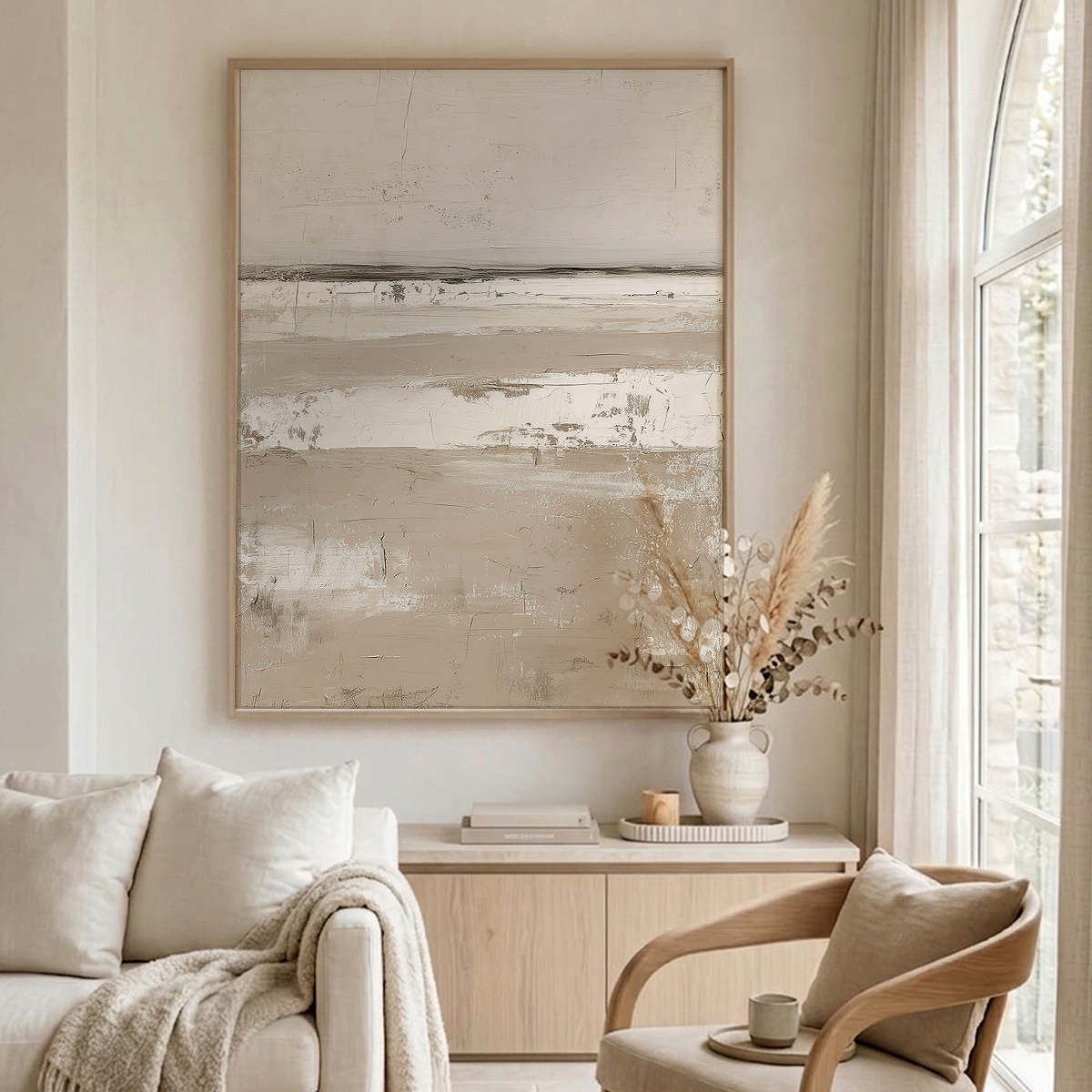 Serene Horizon Wall Art | Neutral Abstract Landscape displayed above a sofa in a serene neutral living room with textured beige tones and natural decor