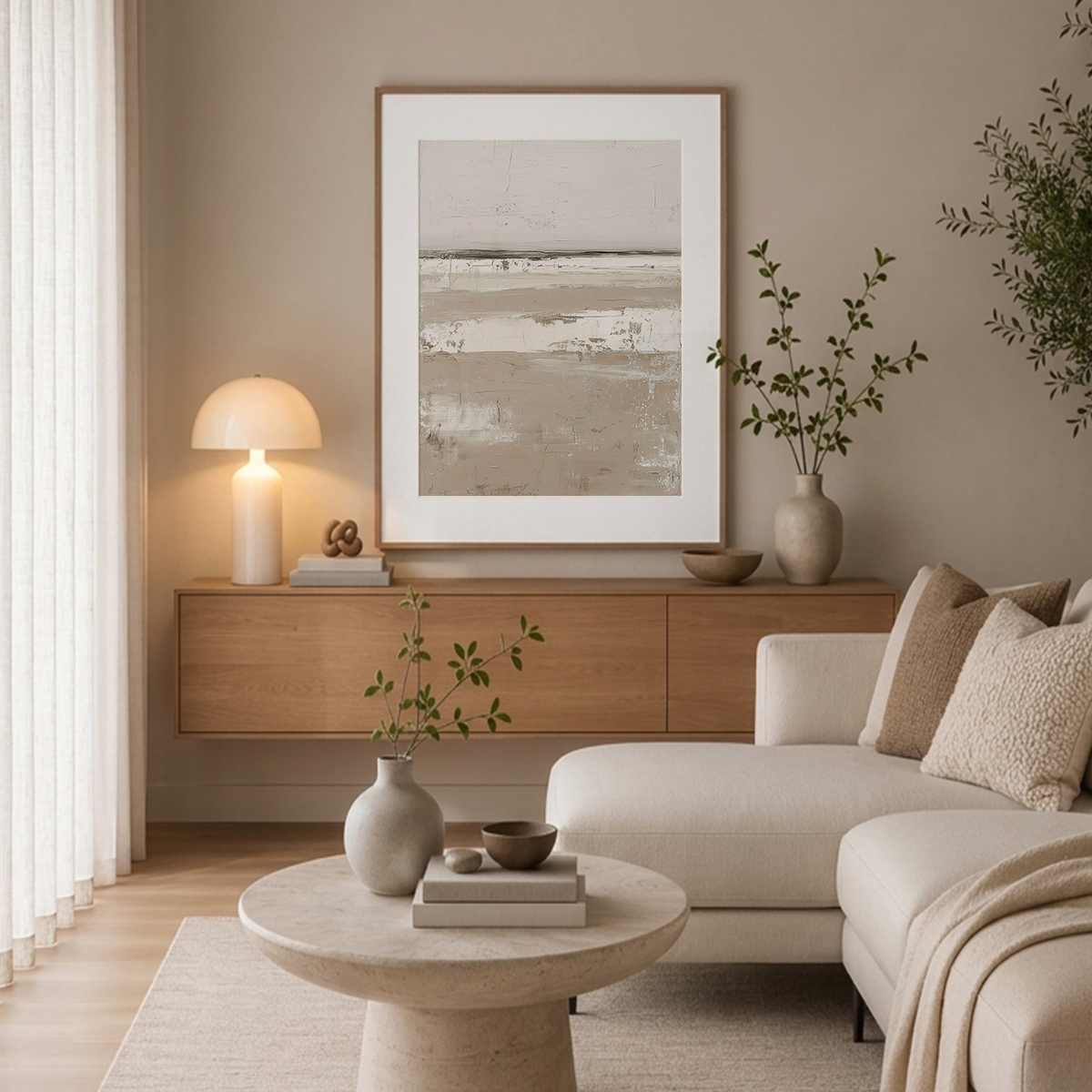 Serene Horizon Wall Art | Neutral Abstract Landscape neutral abstract wall art for living room above a wood console in a calm modern space with a sofa and plants