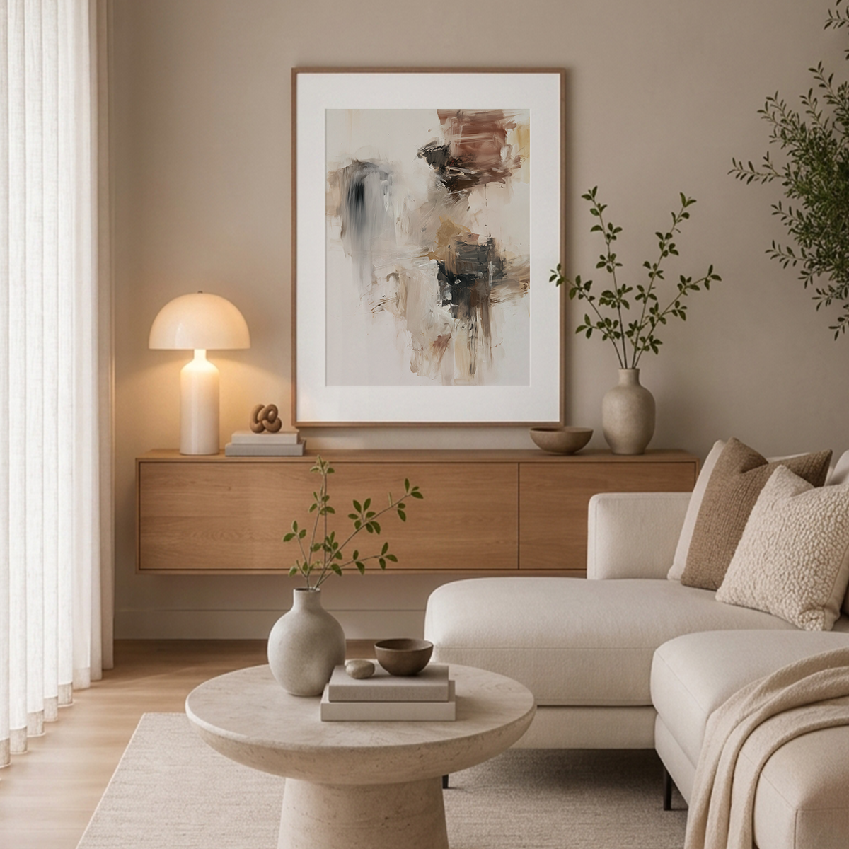 A framed abstract art print hangs on a beige wall above a wooden console in a styled living room with a cream sofa, table lamp, and neutral decor.