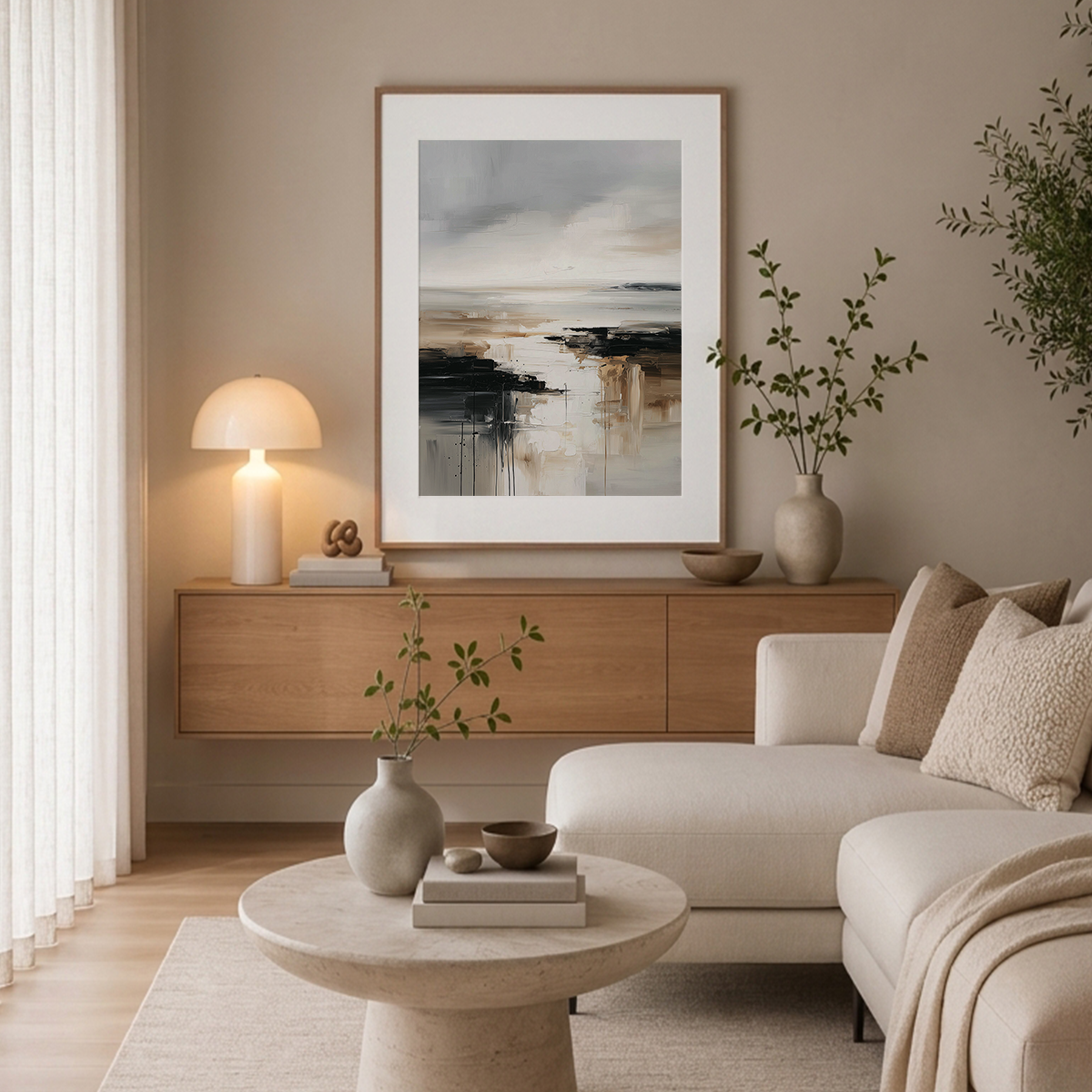 Neutral abstract landscape canvas print displayed in a modern living room with neutral décor
