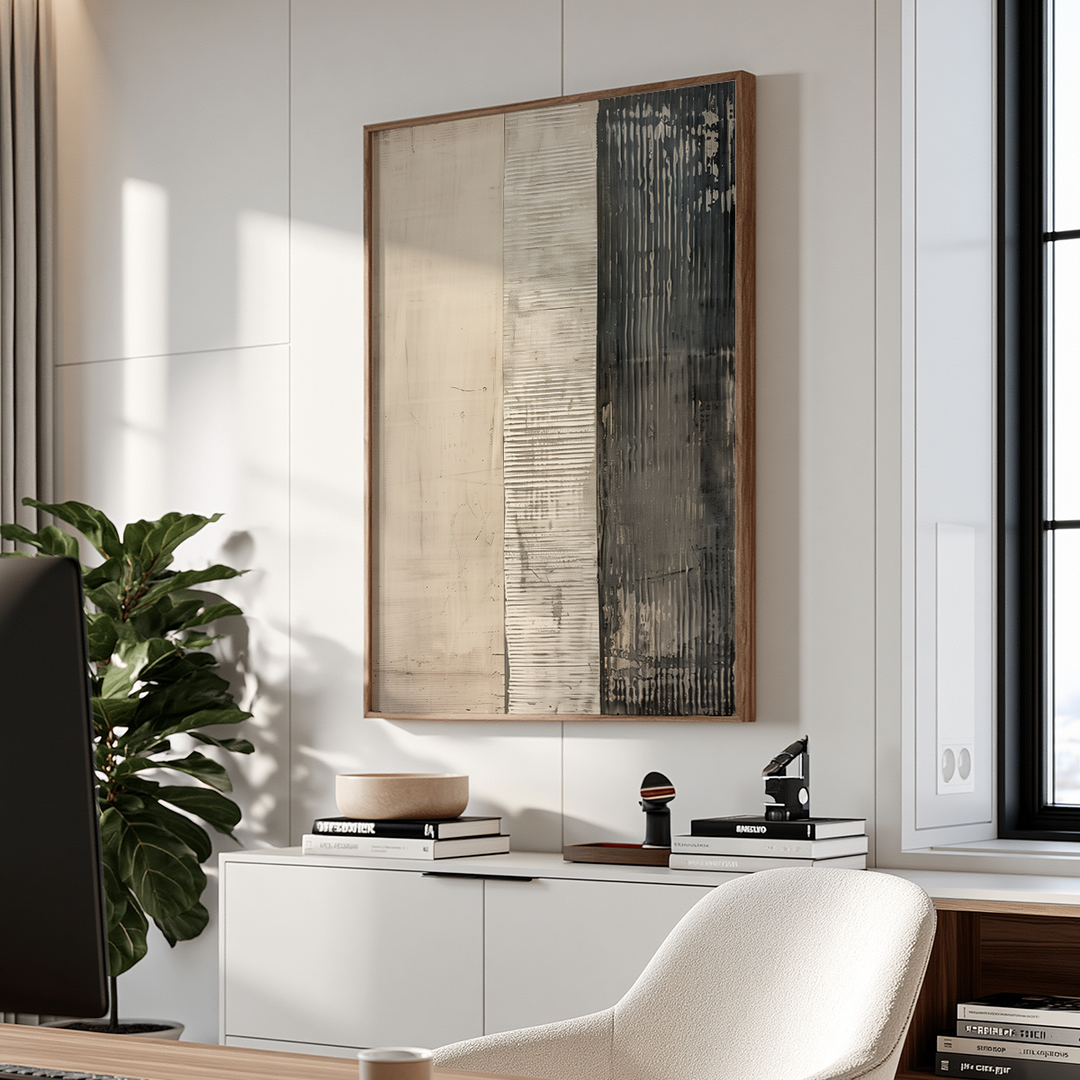 Neutral Abstract Wall Art | Minimalist Triptych Canvas featuring textured neutral panels in a modern living room with a plant and sculptural chair