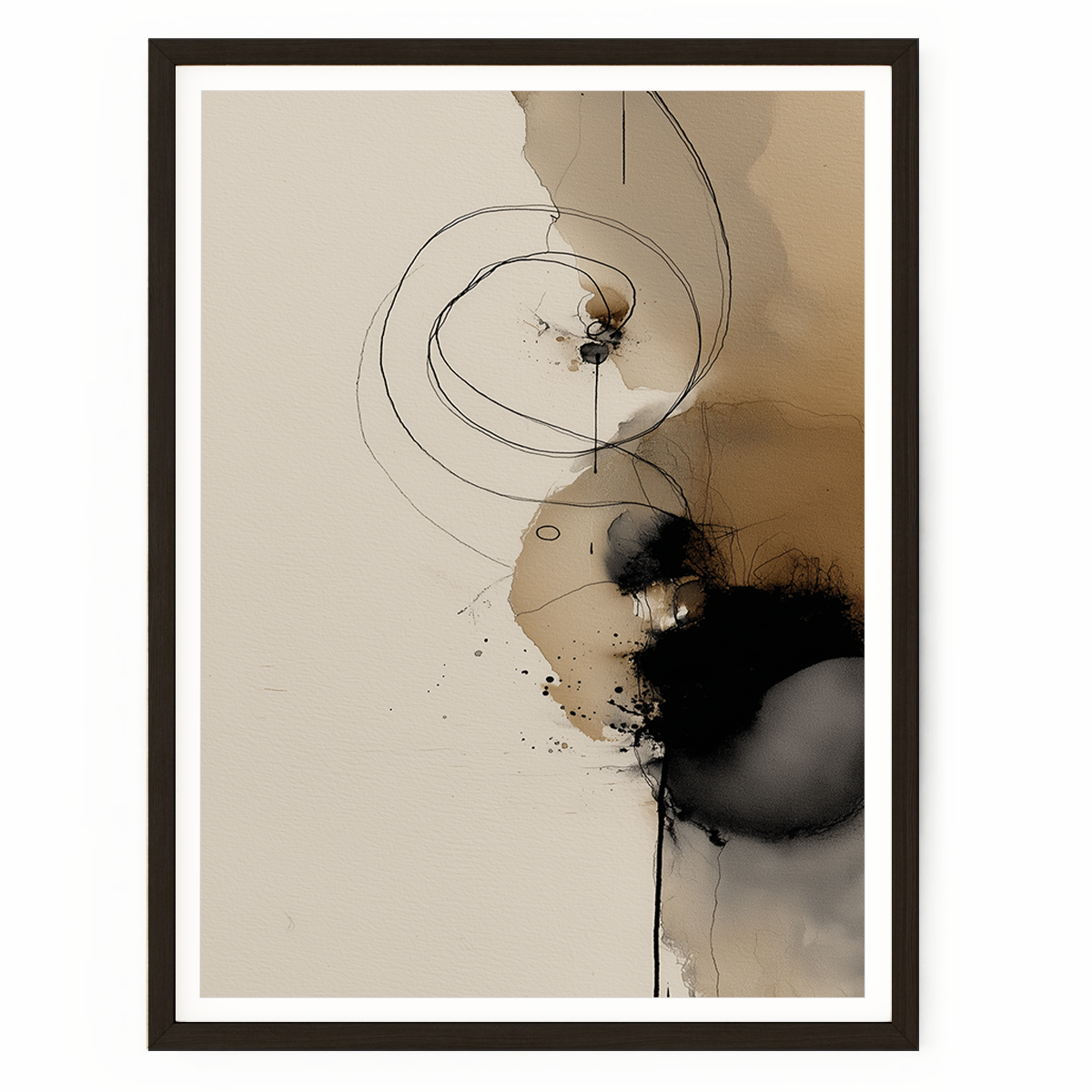 Japandi abstract wall art featuring fluid ink washes in beige, taupe, ivory, and black with expressive spiral movement.
