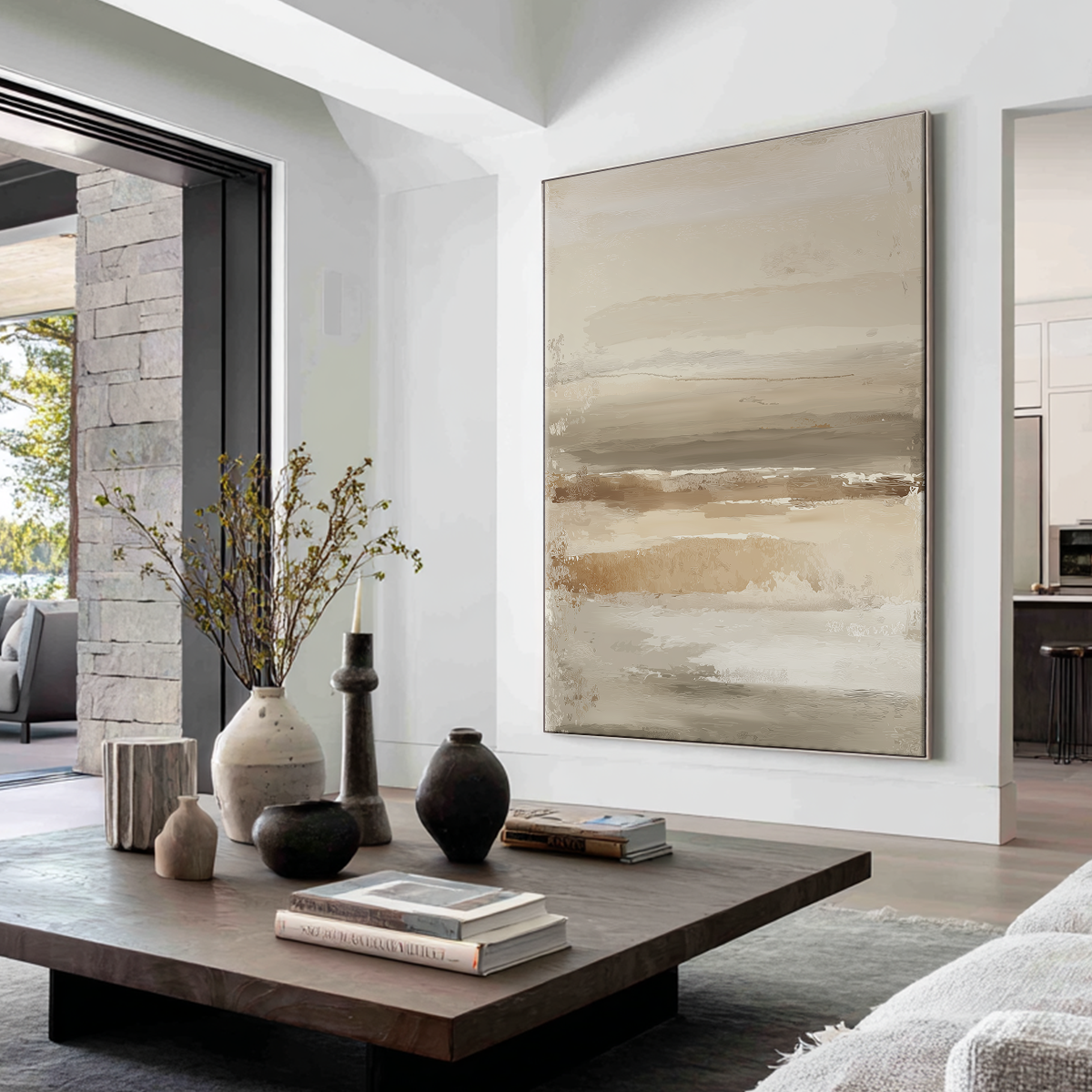 Neutral Abstract Wall Art Canvas | Beige Taupe Textured Horizon Art | Japandi Modern Decor hanging in a bright living room with minimalist decor and natural light.