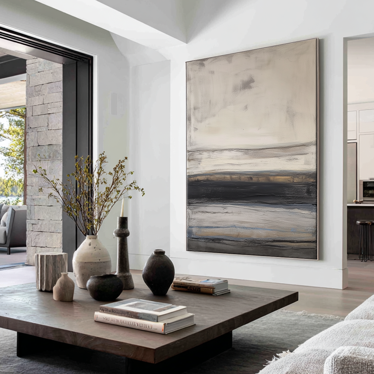 Abstract Horizon Wall Art | Neutral Grey & Gold Canvas