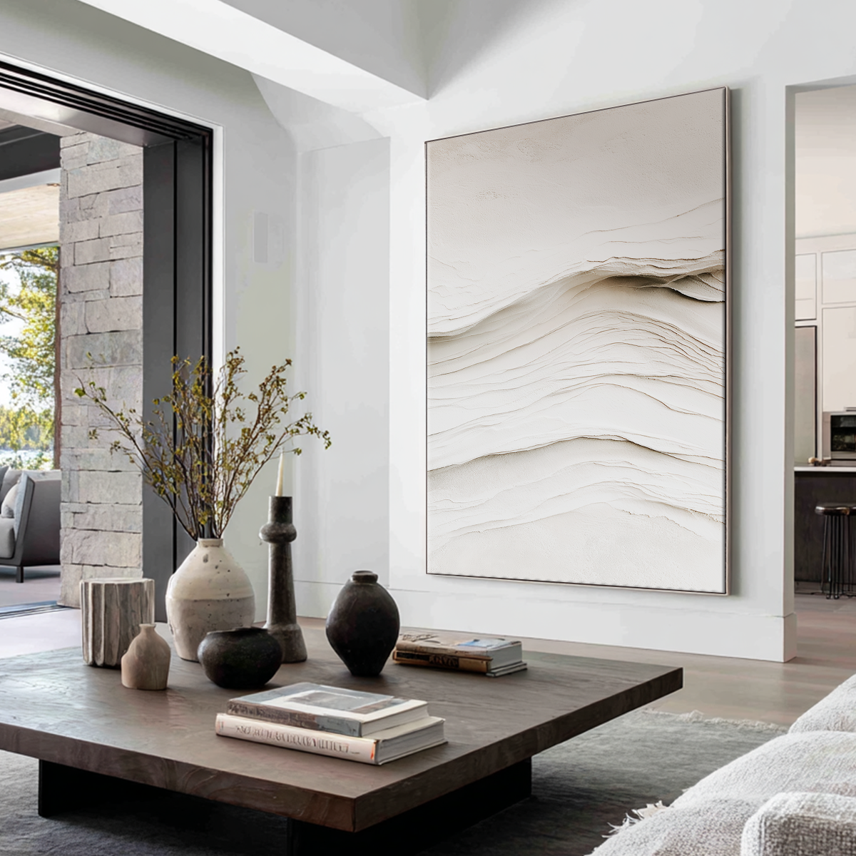 Beige Abstract Wall Art | Neutral Textured Minimalist Print displayed as framed modern wall art above a coffee table in a bright neutral living room