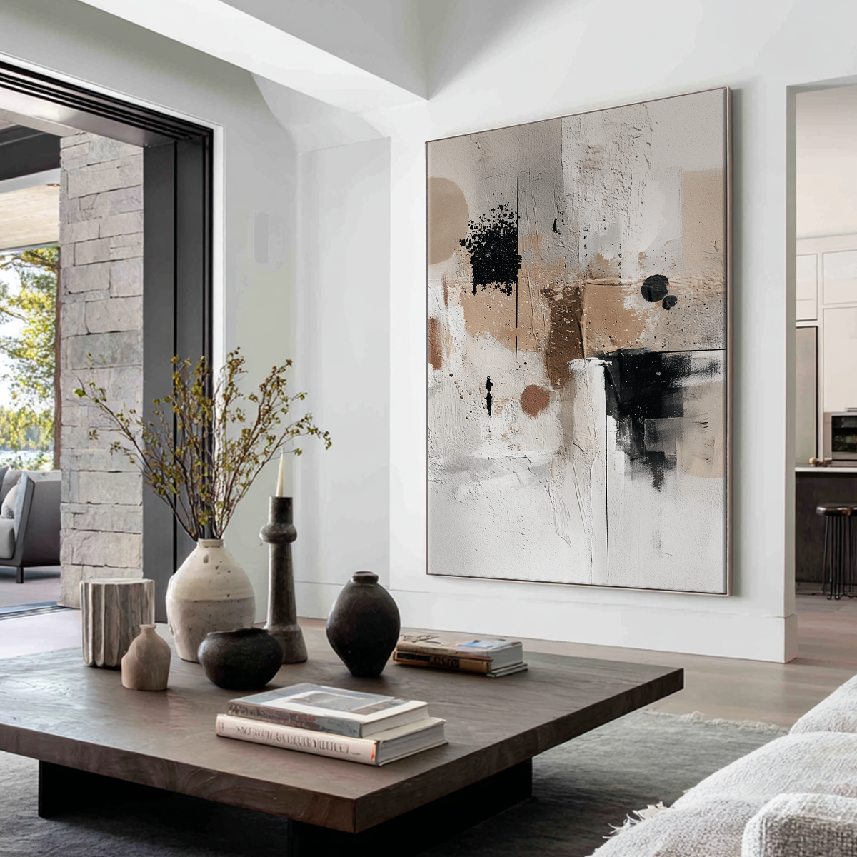 Neutral Textured Abstract Wall Art | Japandi Minimalist Canvas displayed in a modern living room with natural light, featuring neutral tones and textured abstract design enhancing minimalist decor.