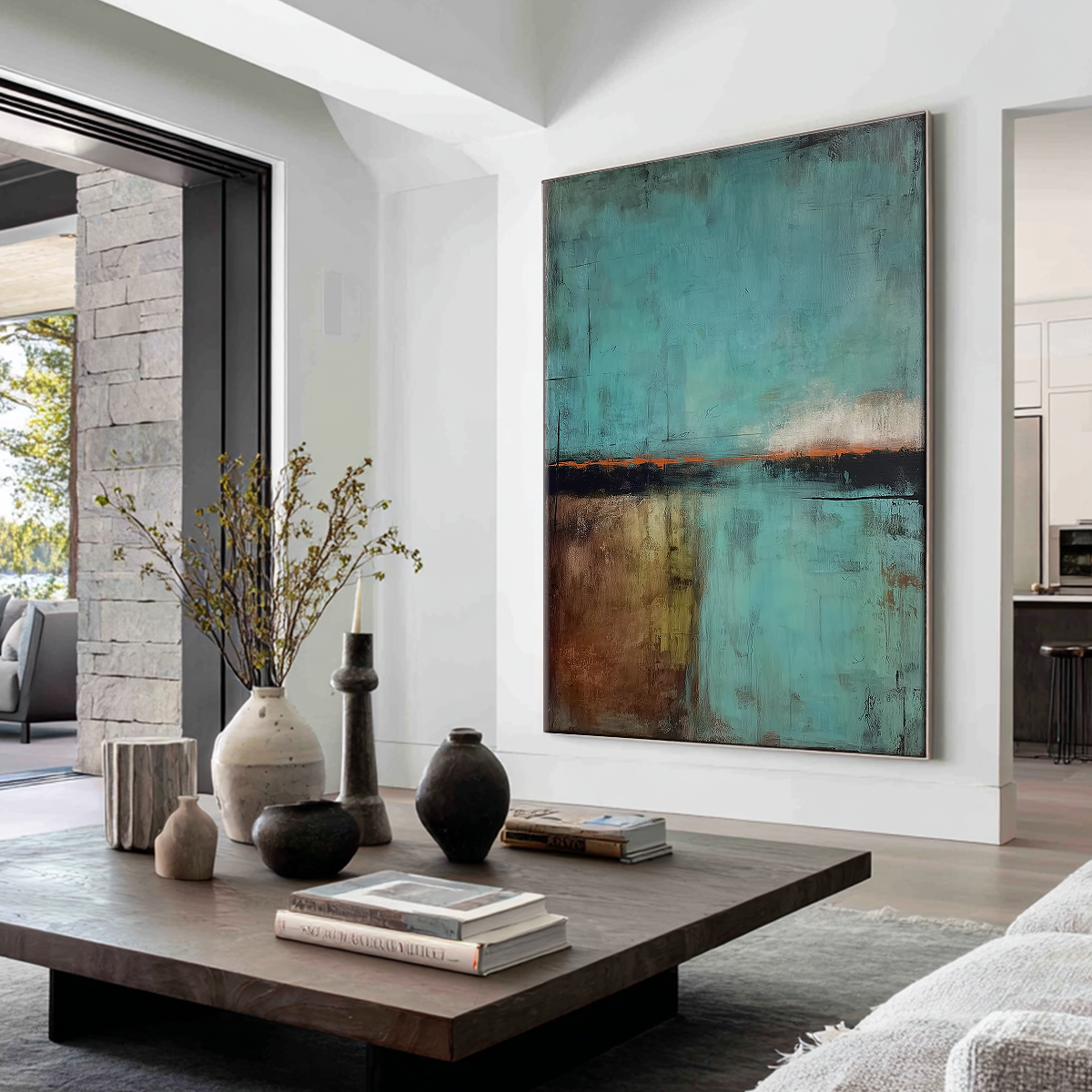 Abstract Landscape Wall Art | Modern Textured Canvas Print | Contemporary Neutral Decor hanging in a bright living room, featuring teal, brown, and rust tones with minimalist decor accents.