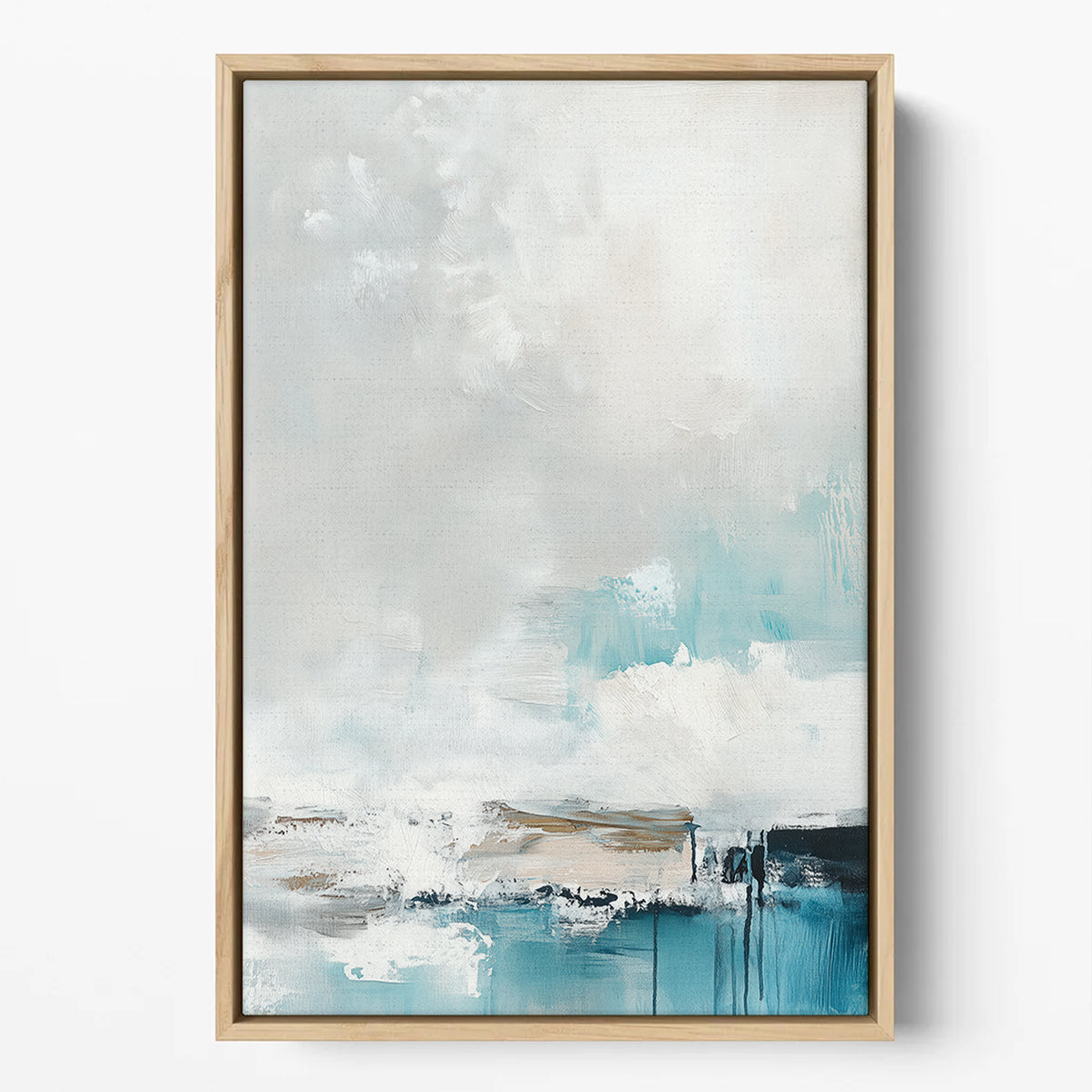 Framed abstract coastal landscape in minimalist bedroom