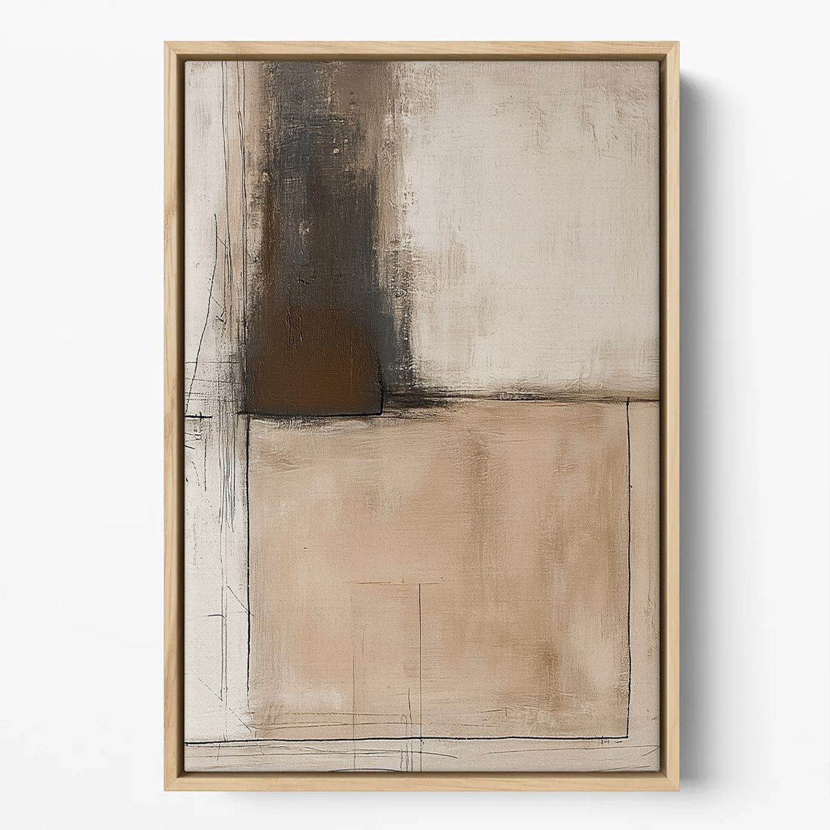 Architectural Abstract Wall Art II | Neutral Minimalist Companion Print | Textured Modern Decor featuring soft beige and brown tones with subtle linear textures in a natural wood frame.