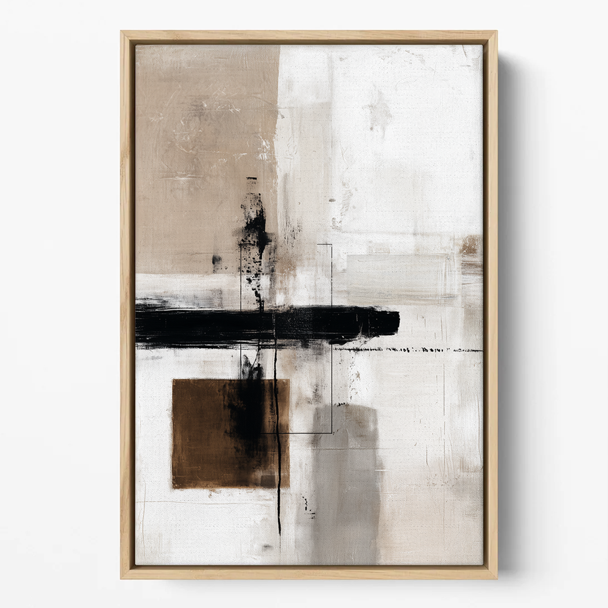 Urban Echo | Minimalist Abstract Art Print | Beige, Black & Brown Geometric Brushstroke on canvas with matte finish in a natural wood frame, modern neutral abstract wall art.