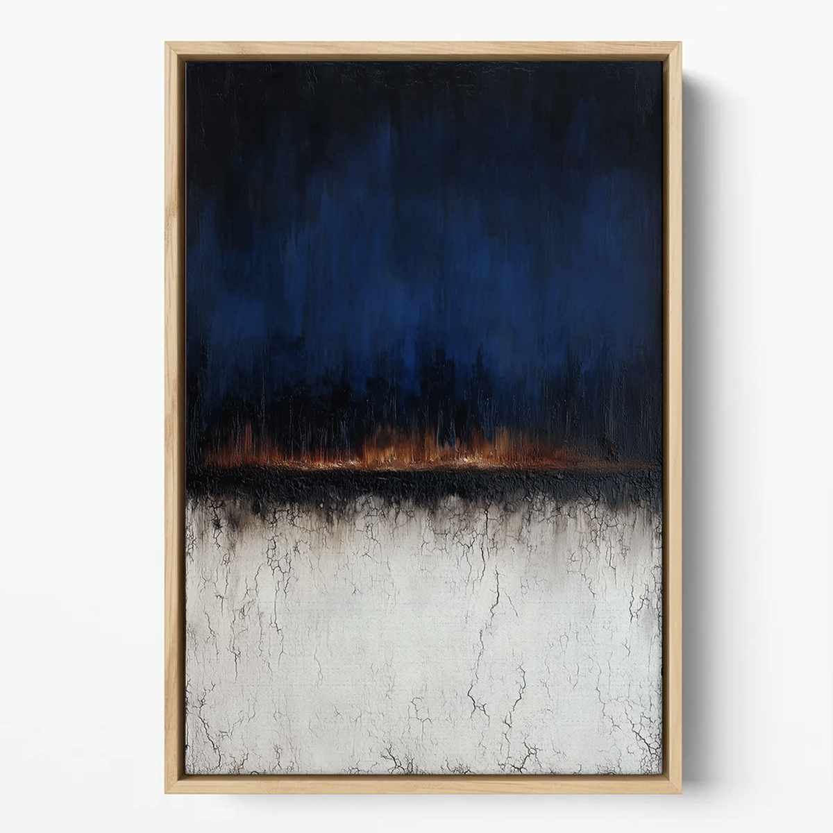 Moody Horizon Abstract Wall Art | Dark Minimalist Landscape Print | Navy & Burnt Orange Decor featuring textured abstract layers with deep navy, bright burnt orange, and neutral tones in wooden frame.