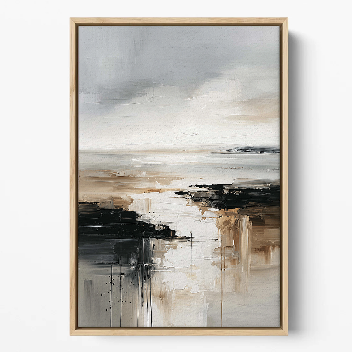 A framed abstract landscape painting featuring a minimalist scene with a gray sky, white and beige water, and dark black brushstrokes, housed in a light natural wood frame.