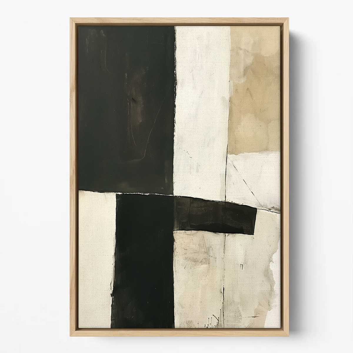 Geometric Abstract Wall Art | Neutral Black Beige Minimalist Print | Modern Wabi-Sabi Decor featuring bold black and beige rectangular shapes with textured brushstrokes in a natural wood frame.