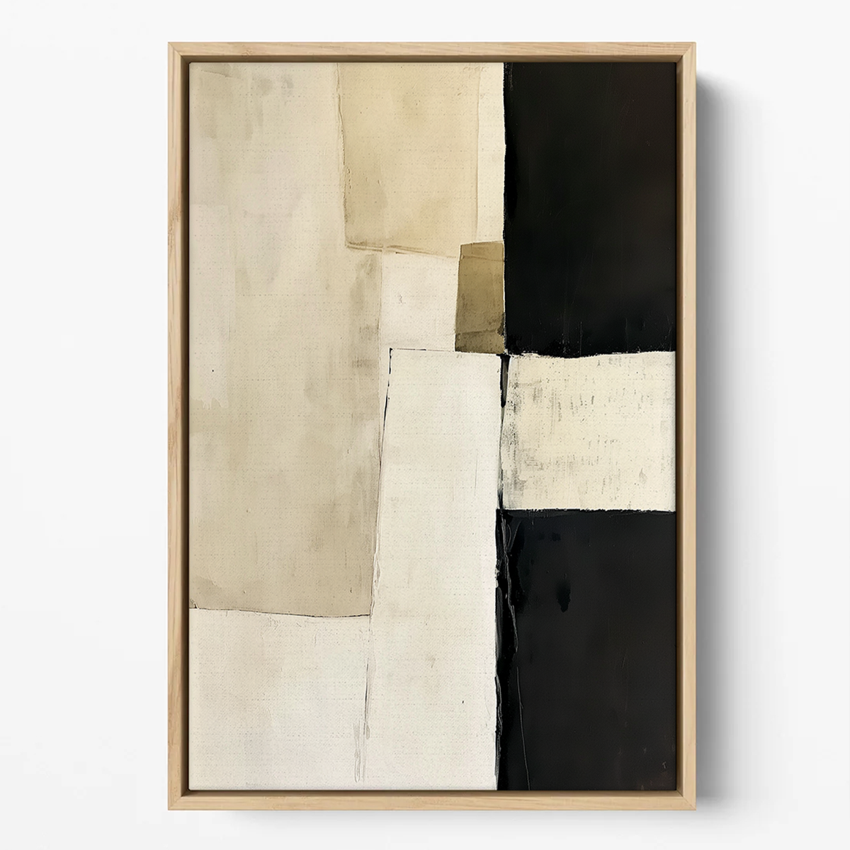 Architectural Abstract Wall Art | Modern Neutral Geometric Canvas | Textured Minimalist Decor featuring beige, cream, and black intersecting rectangular shapes in a wooden frame.