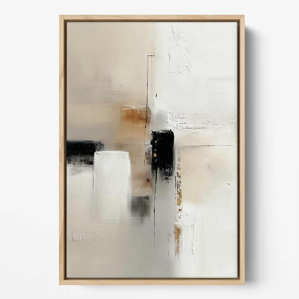 Japandi Abstract Wall Art | Neutral Textured Canvas with Gold Accents | Modern Minimalist Decor featuring subtle beige, black, and gold brushstrokes with textured layers in a simple wooden frame.