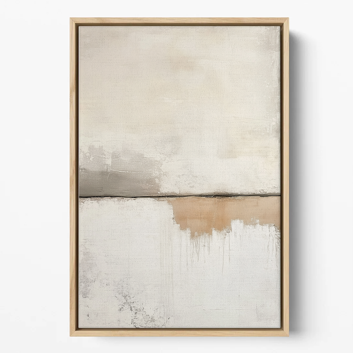 Scandinavian Modern Neutral Abstract Wall Art - Beige Minimalist Canvas Print featuring soft beige and gray tones with textured abstract shapes in a natural wood frame, perfect for modern living spaces.