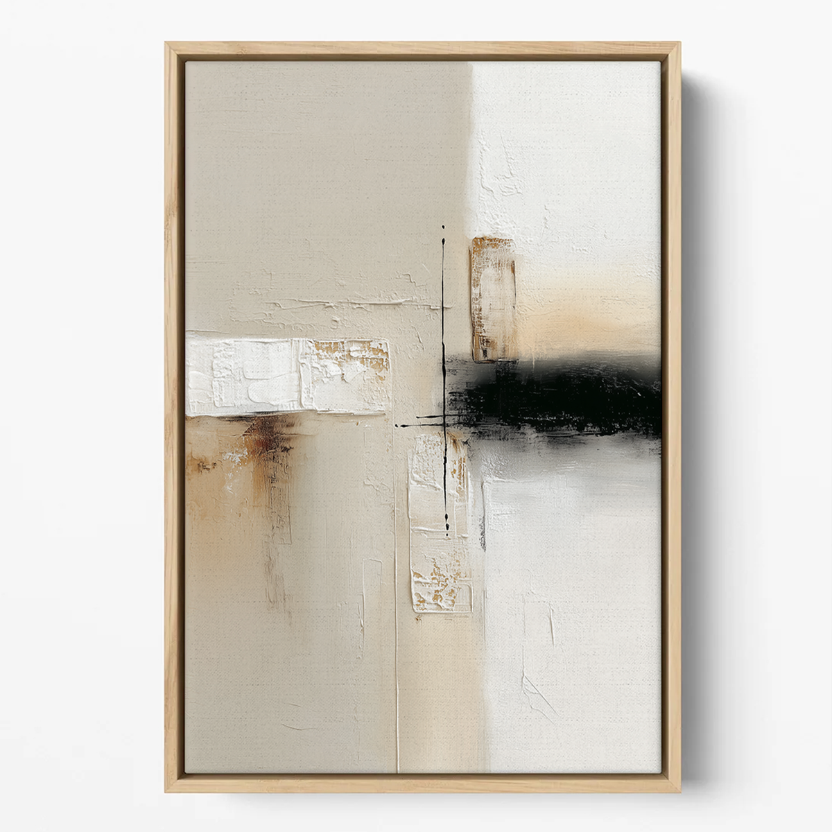 Neutral Abstract Wall Art with Gold Accents | Modern Japandi Textured Canvas | Luxury Minimalist Decor featuring a balanced composition of soft beige tones, textured white highlights, and striking black and gold accents.