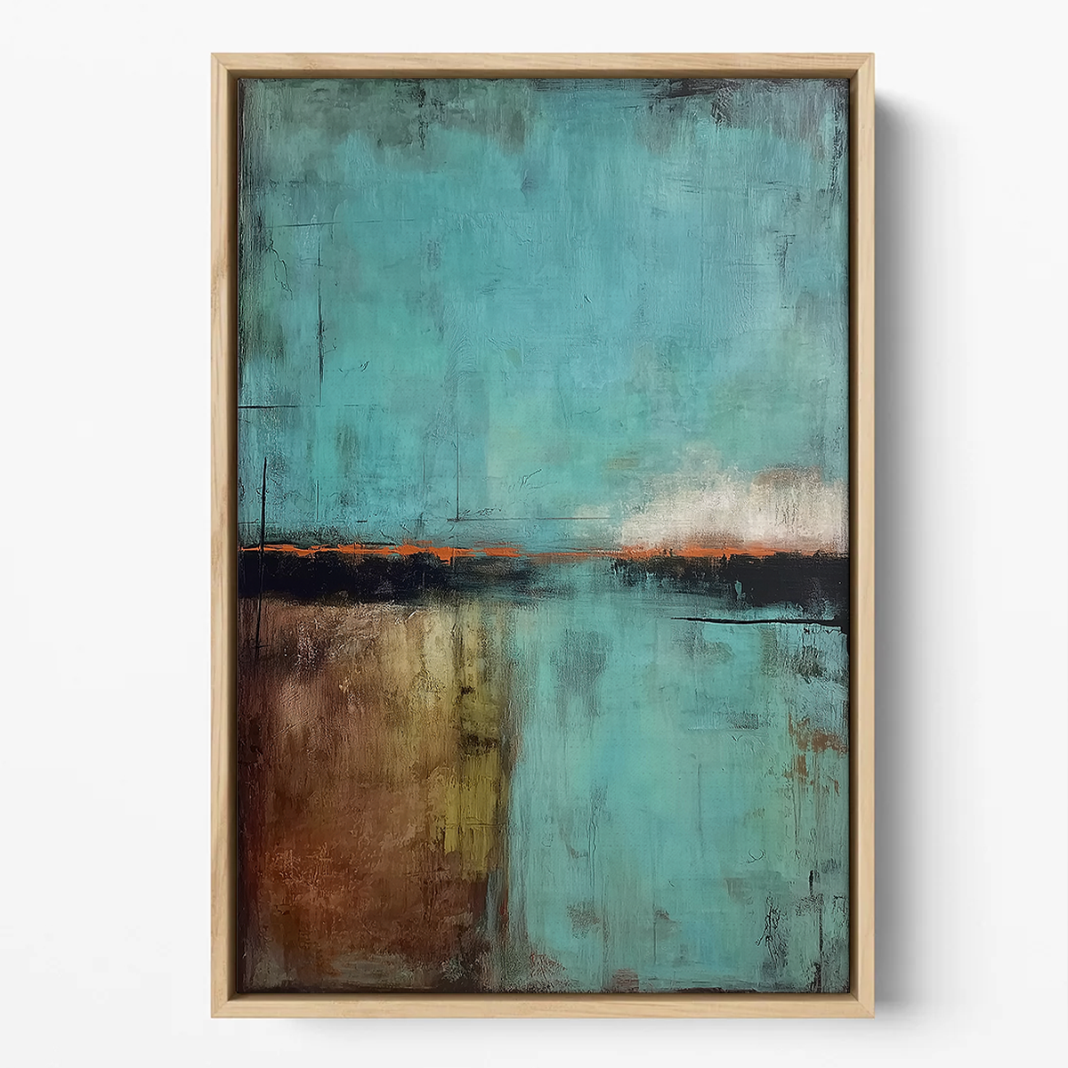 Abstract Landscape Wall Art | Modern Textured Canvas Print | Contemporary Neutral Decor featuring a muted turquoise and brown abstract scene with subtle horizon line and layered textures in a minimalist style.