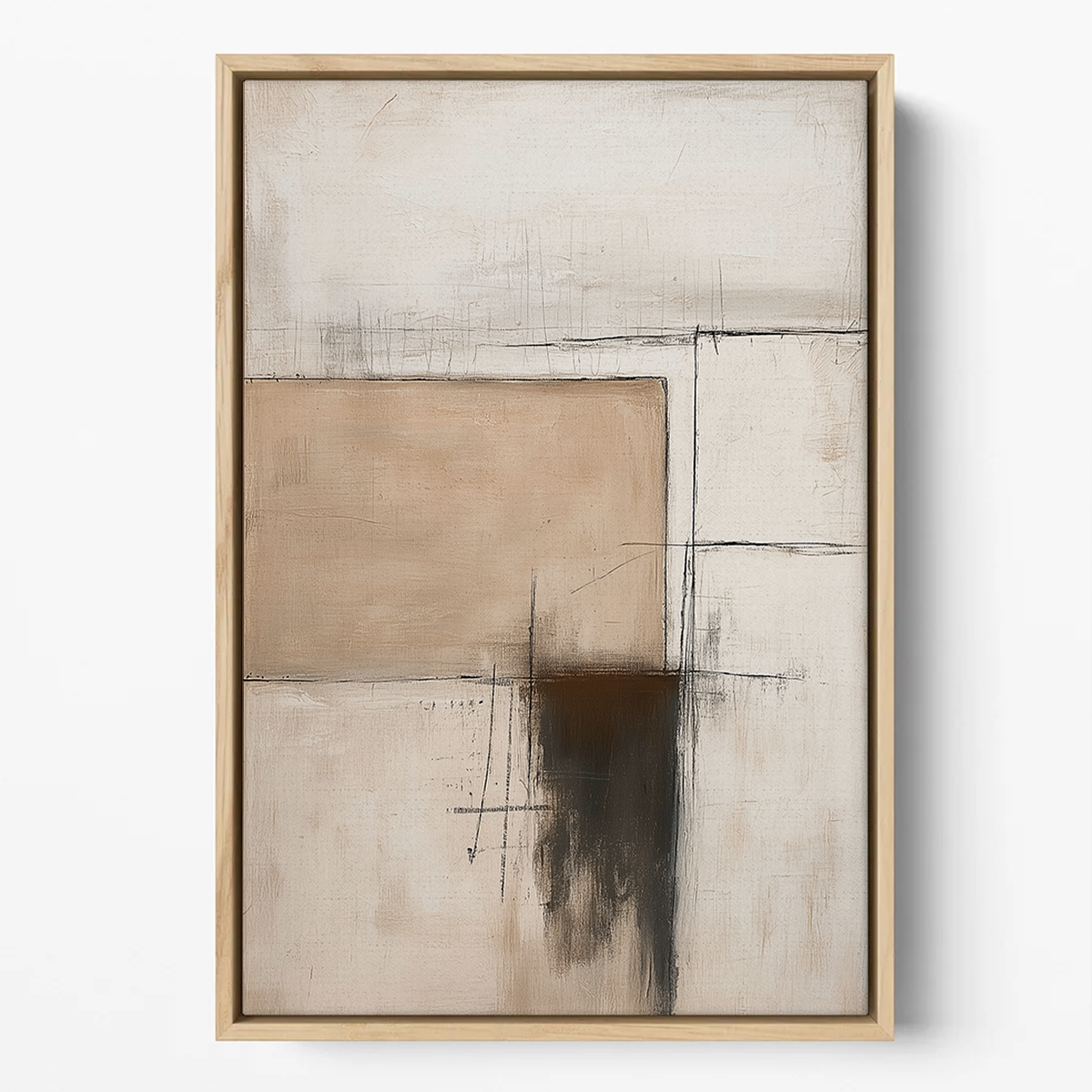 Architectural Abstract Wall Art | Neutral Textured Minimalist Canvas | Wabi-Sabi Modern Decor featuring soft beige and brown tones with subtle black accents and a wooden frame.