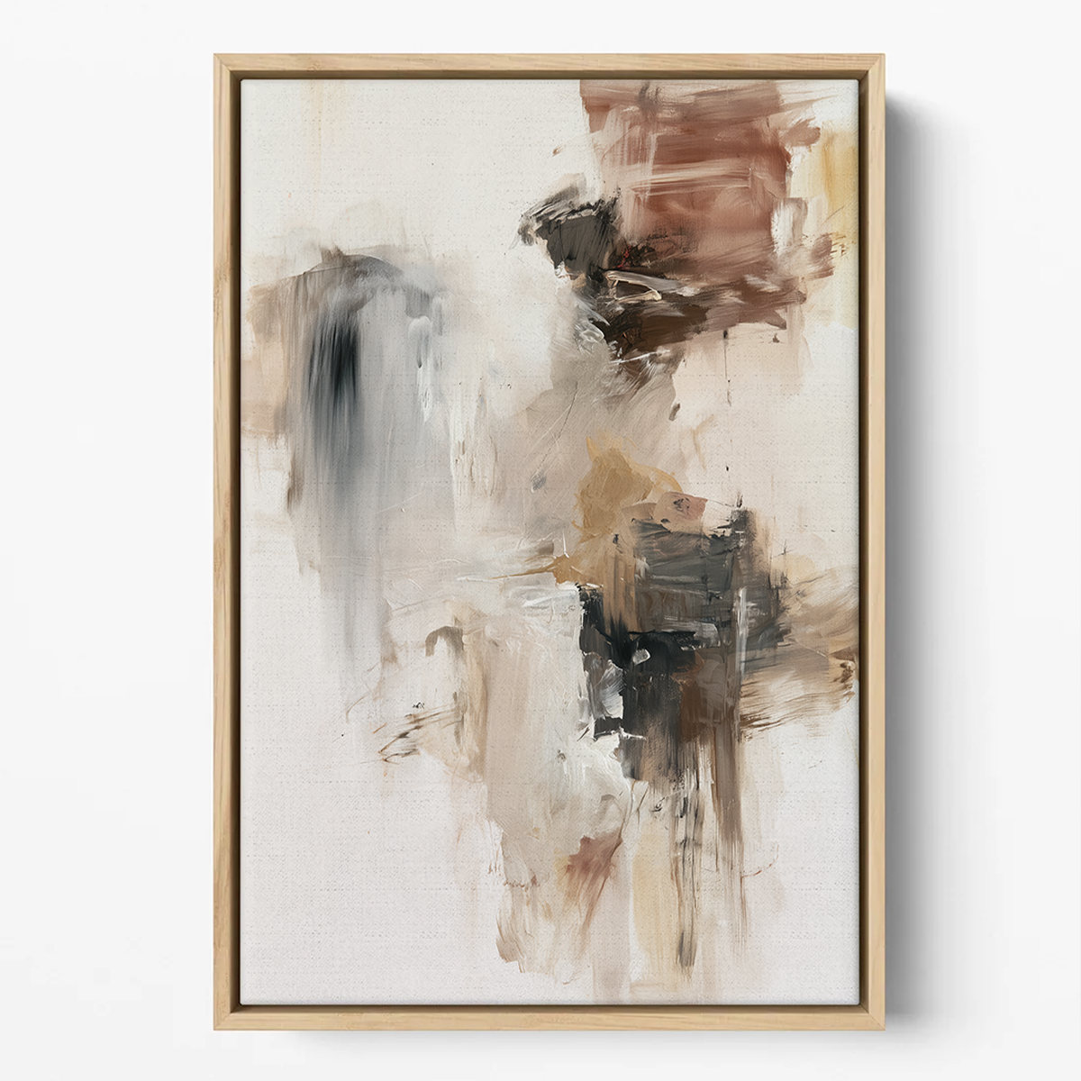 Framed abstract canvas wall art with expressive brushstrokes in beige, brown, black, and gray tones, shown hanging against a white wall.