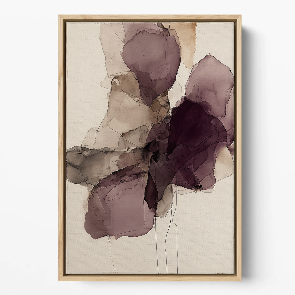 Ink Wash Abstract Floral Wall Canvas Art Print - Burgundy Minimalist Modern Wall Art featuring soft, layered burgundy and neutral tones in an abstract floral design with delicate linework on a light background.