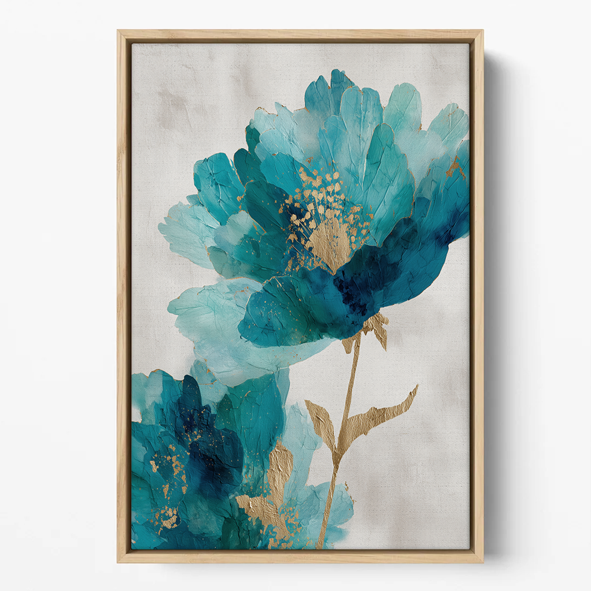Blue Infusion Abstract Floral Wall Art | Teal & Indigo Botanical Canvas | Modern Luxe Decor featuring a large teal and indigo flower with gold accents on a neutral background, modern wall art.