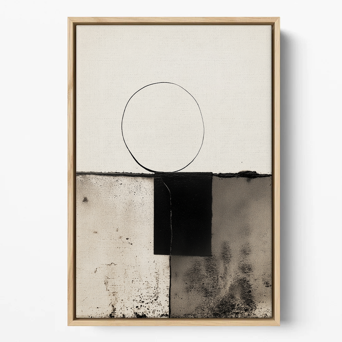 Modern Abstract Geometric Wall Art – Minimalist Black & White Textured Print featuring neutral abstract shapes with a circle and rectangular forms in black and gray tones, ideal for modern living room decor.
