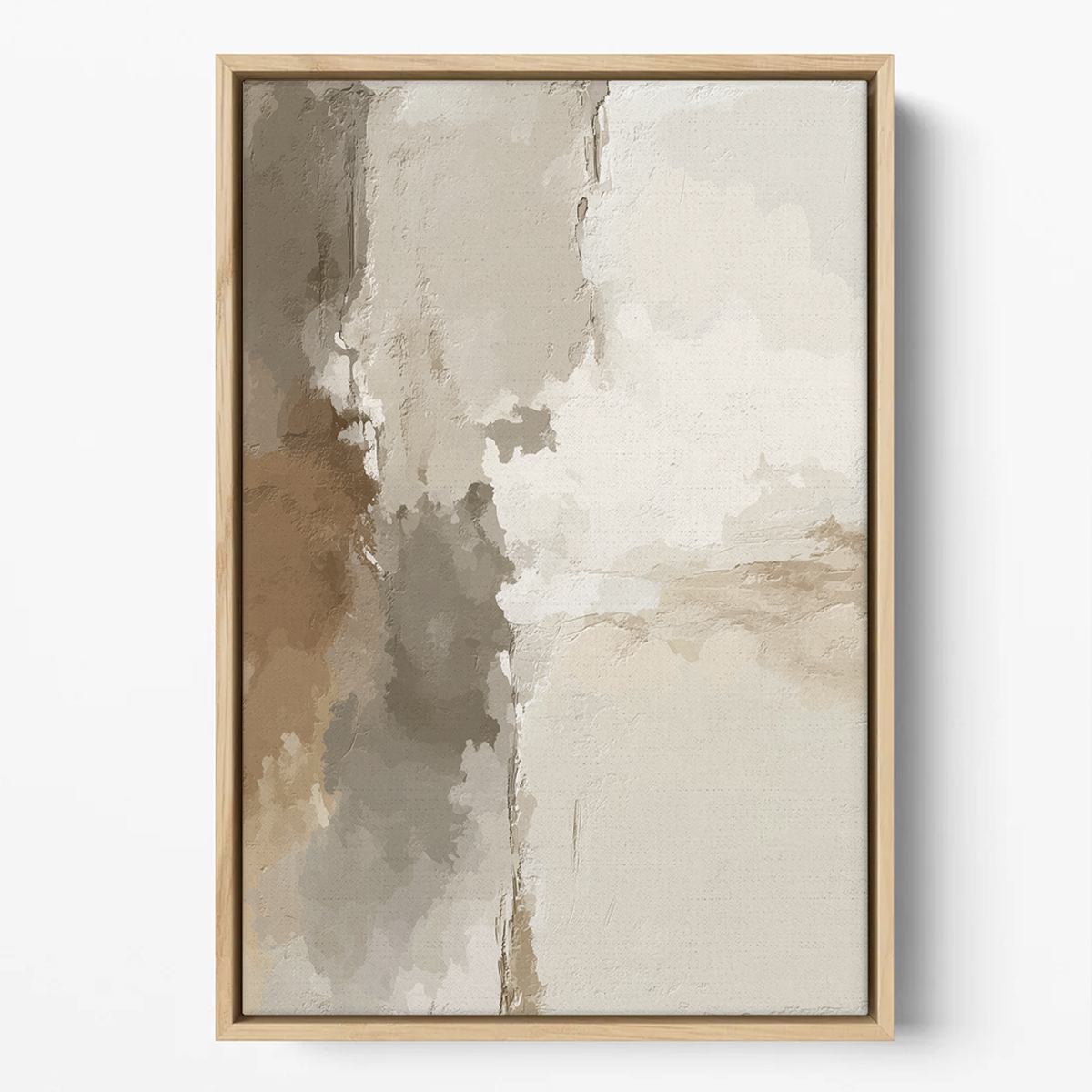 Japandi Abstract Wall Art | Neutral Textured Plaster Canvas featuring a minimalist abstract design in soft beige, brown, and gray tones with a textured plaster effect in a light wood frame.